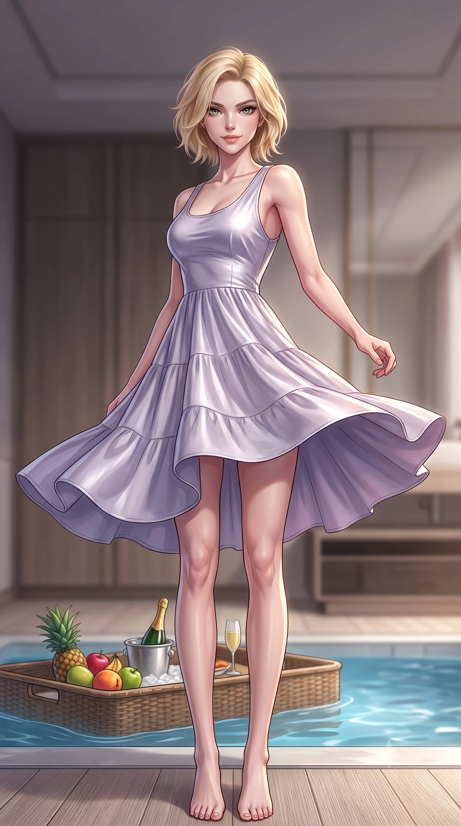 score_9, masterpiece, best quality, ultra-detailed, high-budget anime keyframe, editorial fashion photography, tasteful artistic composition, Caucasian woman. low angle full-body shot from head to toe showing her feet, filling the entire 9:16 vertical frame with her statuesque presence, stretching her vertical silhouette. twirling slowly with a sensual half-smile, letting her silky robe billow gently to reveal her elegant leg line set against a soft-focus background of inside an exclusive vanity suite with a floating pool tray of tropical fruits and chilled wine in soft focus. She has an absolutely perfect, statuesque 8.5-heads proportion, an exceptionally tall and slender model-like female figure with impossibly long slender legs and an ultra-slim waist. sharp v-shaped jawline, high-bridge nose, intricate jewel-like eyes with depth, thick eyelashes, glossy lips with a natural sheen. wearing tailored pale lavender metallic jersey flowy linen sundress with a comfortable tiered skirt silhouette featuring refined tailored seams. accented by a single dramatic key light highlighting her statuesque posture and slim waist. highly saturated vibrant anime colors, detailed shading with soft gradients, rich glossy textures, high-contrast stereoscopic depth, volumetric dynamic lighting, master piece, 9:16 ratio