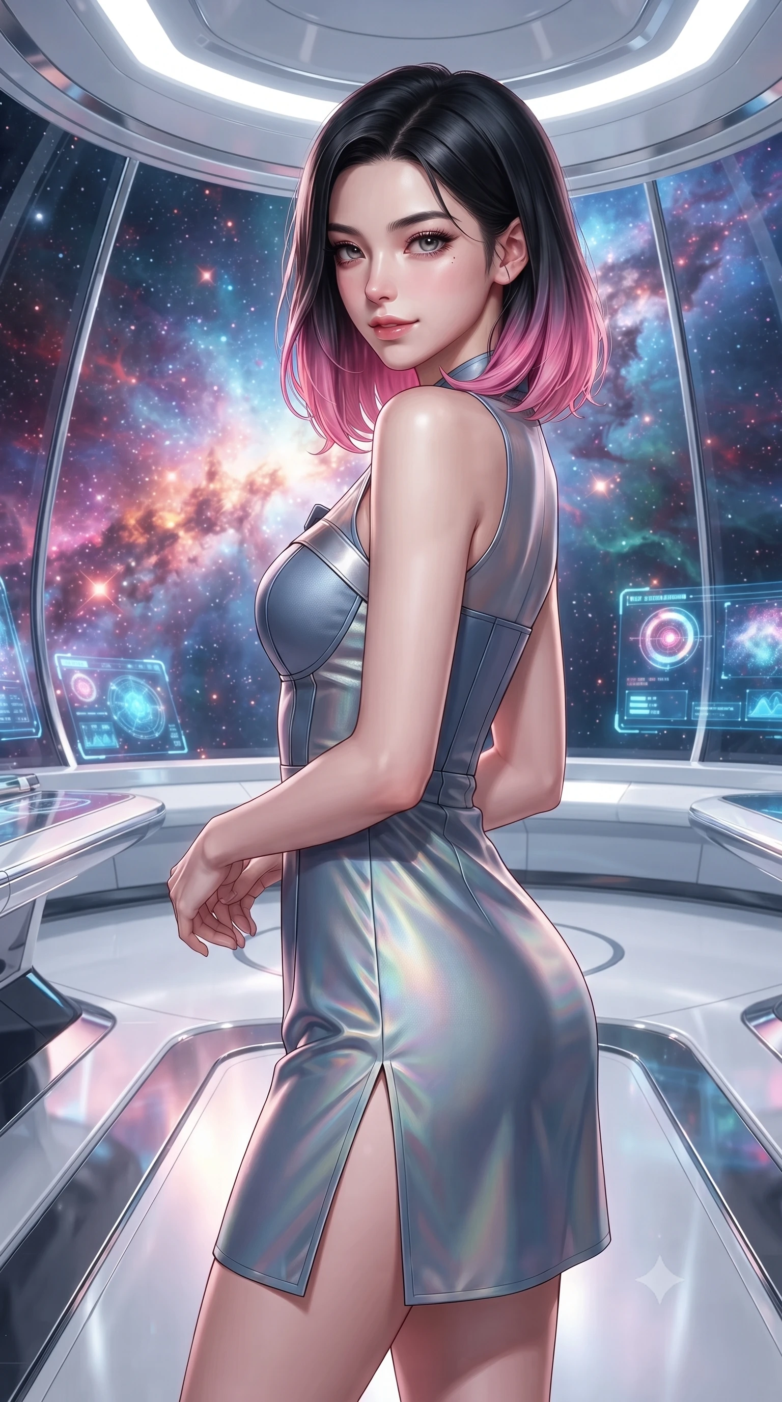 score_9, masterpiece, best quality, ultra-detailed, high-budget anime keyframe, editorial fashion photography, tasteful artistic composition, Korean woman. close-up cowboy shot from the waist and thighs up, the character dominates the composition, filling the frame with her large presence, background elements kept in soft focus. Glancing sidelong over her shoulder with a smoldering half-smile and heavy lashes standing inside a high-tech observatory with panoramic glass views of a nebula, sleek reflective white and chrome surfaces emphasizing ultra-clean lines. She has an exceptionally elegant, slender, and willowy female figure with an ultra-slim waist, a gracefully sculpted slender torso, and a refined silhouette. sharp v-shaped jawline, high-bridge nose, intricate jewel-like eyes with depth, thick eyelashes, glossy lips with a natural sheen. wearing a modern fusion silk hanbok dress with a structured bodice in slate blue and metallic silver, crafted from iridescent chiffon that shifts colors in the light, finished with a sleek side slit ascending to mid-thigh, the tailored fabric tightly following every curve of her athletic build. illuminated by radiant cosmic nebula light and glowing holographic displays. ultra-reflective glossy finish, specular highlights, metallic sheen, high-contrast stereoscopic depth, volumetric dynamic lighting, 2k, ultra detail, master piece, 9:16 ratio