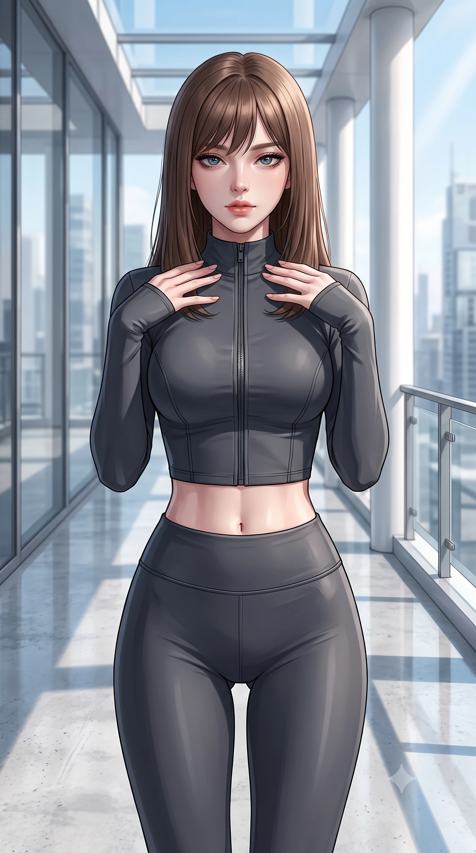 score_9, masterpiece, best quality, ultra-detailed, high-budget anime keyframe, editorial fashion photography, tasteful artistic composition, Korean woman. close-up cowboy shot from the waist and thighs up, the character dominates the composition, filling the frame with her large presence, background elements kept in soft focus. standing in a relaxed, elegant posture with both hands resting lightly on her collarbone, looking at the viewer with bedroom-eyes, the background shows a soft-focus a glass bridge cleanroom veranda with white columns overlooking a high-tech city. She has an exceptionally elegant, slender, and willowy female figure with an ultra-slim waist, a gracefully sculpted slender torso, and a refined silhouette. sharp v-shaped jawline, high-bridge nose, intricate jewel-like eyes with depth, thick eyelashes, glossy lips with a natural sheen. wearing a body-hugging body-hugging high-neck activewear set of a zipped long-sleeve crop top and matching leggings in carbon-grey. bright morning sun rays creating fresh and energetic shadows on the concrete. ultra-reflective glossy finish, specular highlights, metallic sheen, high-contrast stereoscopic depth, volumetric dynamic lighting, 2k, ultra detail, master piece, 9:16 ratio