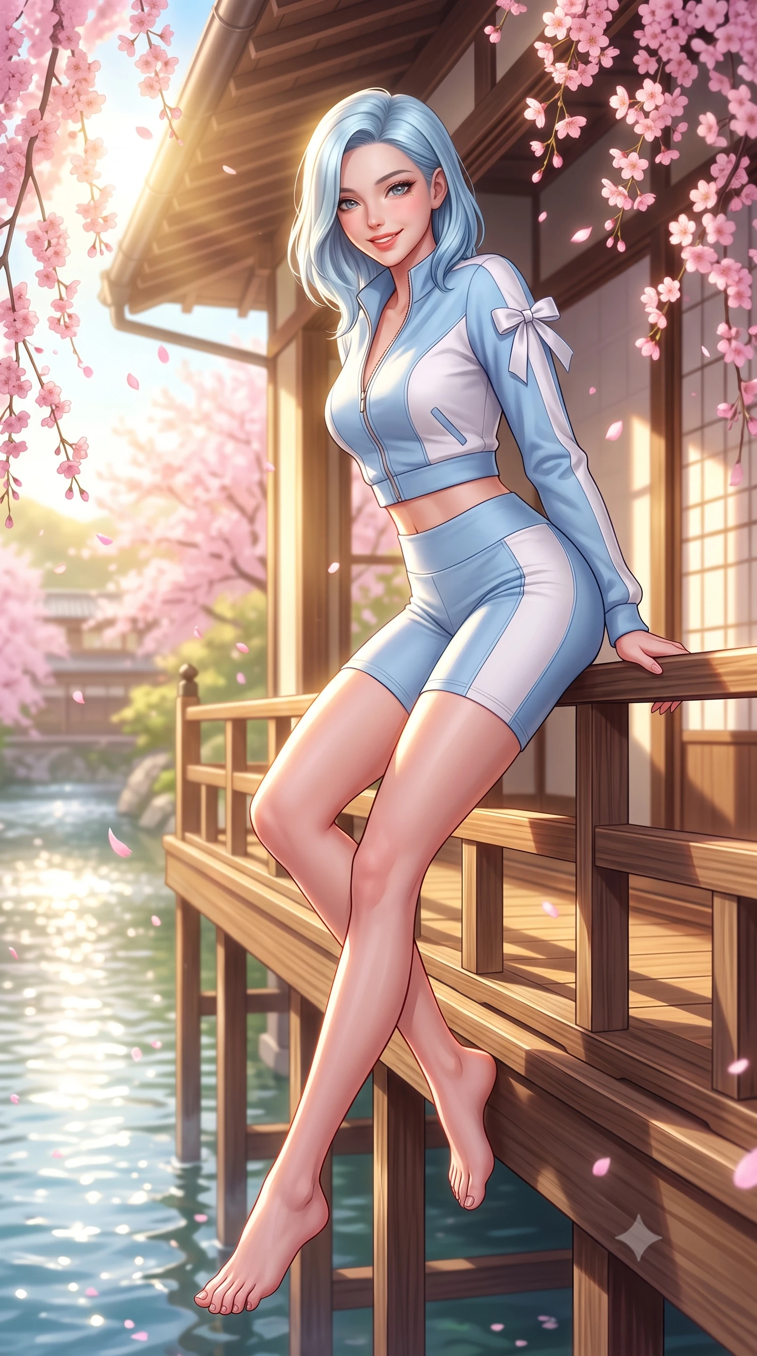 score_9, masterpiece, best quality, ultra-detailed, high-budget anime keyframe, semi-realistic 3D game render, editorial fashion photography, tasteful artistic composition, Korean woman. low angle full-body shot from head to toe showing her feet, filling the entire 9:16 vertical frame with her statuesque presence, stretching her vertical silhouette. leaning deep against the sunlit architecture with hips cocked back in a cute yet unapologetically alluring high-fashion stance, flashing a warm beaming smile while sitting on the edge of the elevated wooden kawayuka terrace over the river, arching her back as pink weeping sakura blossoms flutter around her. The composition keeps background elements in soft focus with dreamy creamy bokeh. cascading pink weeping cherry blossoms and glittering Kamogawa river waters blurred into soft sakura-pink, gold, and spring-green bokeh. She has an exceptionally tall and slender model-like 8.5-heads proportion, an ultra-slim waist, a flat toned midriff, narrow delicate ribcage, and beautifully sculpted feminine hips creating a graceful, slim hourglass silhouette without any bulky heaviness, with impossibly long slender legs. sharp v-shaped jawline, high-bridge nose, intricate jewel-like sparkling eyes with depth, thick eyelashes, glossy parted lips with a natural peach sheen, bright cheerful beaming smile with an enchanting and coquettish sensual glint, exuding both youthful cute charm and seductive allure, flawlessly proportioned anatomical accuracy, strict slender model proportions, natural body alignment, perfectly sculpted long slender limbs, ultra-slim waistline, clean dynamic posture without body distortion. wearing a sporty chic zip-up crop jacket paired with high-waisted biker shorts clinging to her athletic hips in soft baby blue and crisp cloud white, crafted from soft breathable linen with effortless natural drape, finished with cute satin bow ribbons tying at the shoulders, the glove-like silhouette tightly following the natural contour of her hips and long slender legs with youthful 8.5-heads elegance. bathed in bright morning sunbeams and warm golden sakura backlighting. highly saturated vibrant anime colors, detailed shading with soft gradients, rich glossy textures, high-contrast stereoscopic depth, volumetric dynamic lighting, master piece, 9:16 ratio