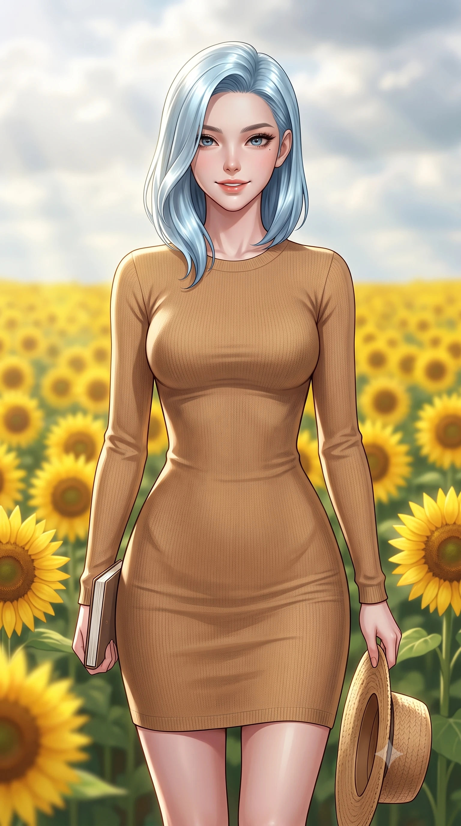 score_9, masterpiece, best quality, ultra-detailed, high-budget anime keyframe, editorial fashion photography, tasteful artistic composition, Korean woman. close-up cowboy shot from the waist and thighs up, the character dominates the composition, filling the frame with her large presence, background elements kept in soft focus. smiling cutely with an air of effortless superiority and magnetic charm set against a soft-focus background of in the middle of a vast, sunny field filled with bright yellow sunflowers with a cute straw hat and a small notebook in her hand. She has an exceptionally elegant, slender, and willowy female figure with an ultra-slim waist, a gracefully sculpted slender torso, and a refined silhouette. sharp v-shaped jawline, high-bridge nose, intricate jewel-like eyes with depth, thick eyelashes, glossy lips with a natural sheen. wearing tailored body-hugging long-sleeve knit dress in camel, outlining her slender silhouette. soft afternoon sunbeams filtering through light clouds, casting gentle shadows. ultra-reflective glossy finish, specular highlights, metallic sheen, high-contrast stereoscopic depth, volumetric dynamic lighting, 2k, ultra detail, master piece, 9:16 ratio