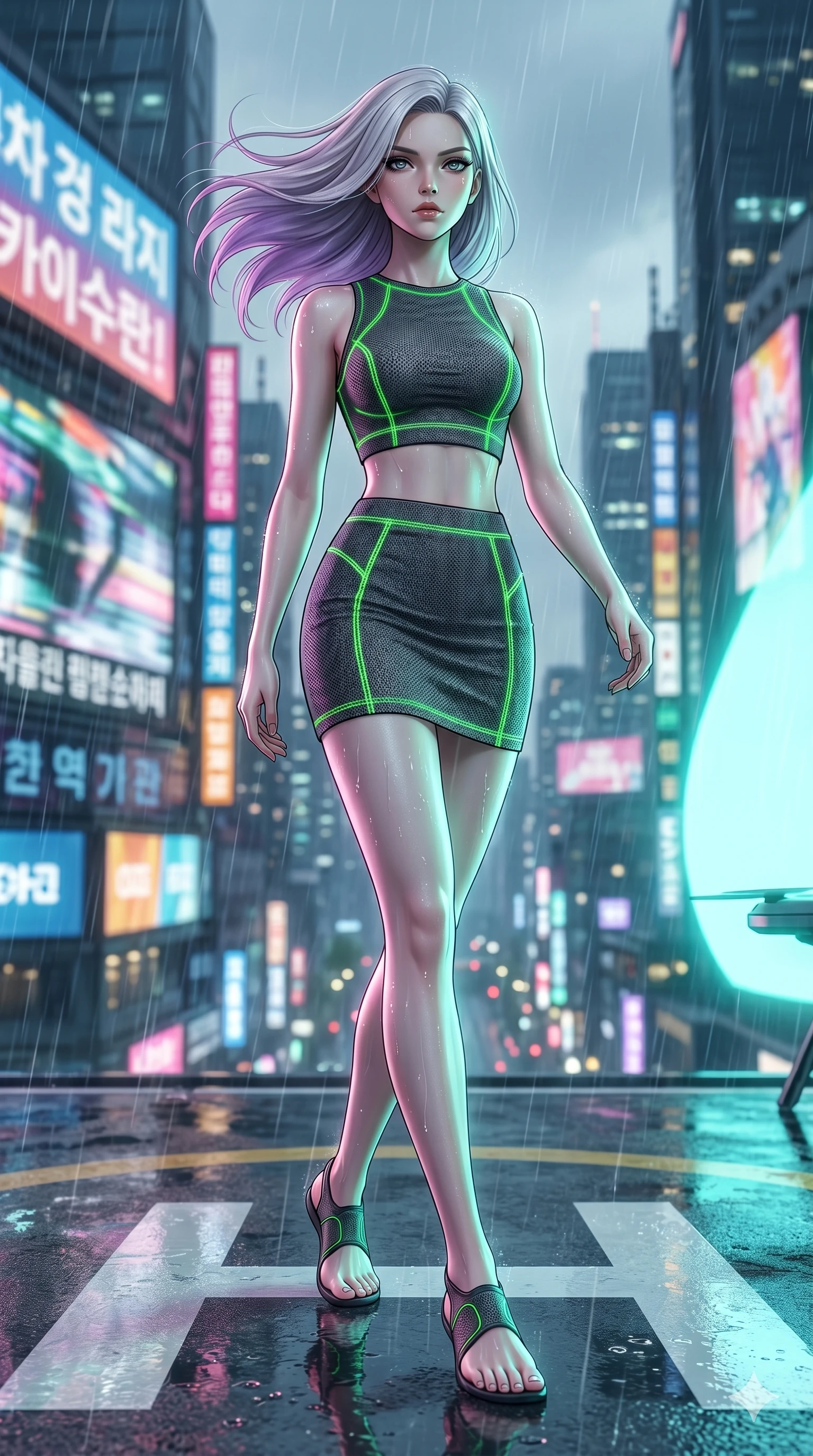score_9, masterpiece, best quality, ultra-detailed, high-budget anime keyframe, editorial fashion photography, tasteful artistic composition, Caucasian woman, strictly human ears. low angle full-body shot from head to toe showing her feet, filling the entire 9:16 vertical frame with her statuesque presence, stretching her vertical silhouette. Walking in slow-motion with dramatic hair movement behind her atop a high-rise helipad overlooking a rainy cyber-city illuminated by giant video billboards. She has an absolutely perfect 8-heads proportion, an exceptionally tall and slender female figure with impossibly long slender legs and an ultra-slim waist. V-shaped jawline, high-bridge nose, intricate jewel-like eyes with depth, thick eyelashes, glossy lips with a natural sheen. wearing a fitted crop top and matching mini skirt in charcoal grey tech-knit, featuring glowing neon-green flatlock stitching along all seams. illuminated by soft aqua bioluminescent light that makes her skin luminously glow against the dark. 2k, ultra detail, master piece, 9:16 ratio