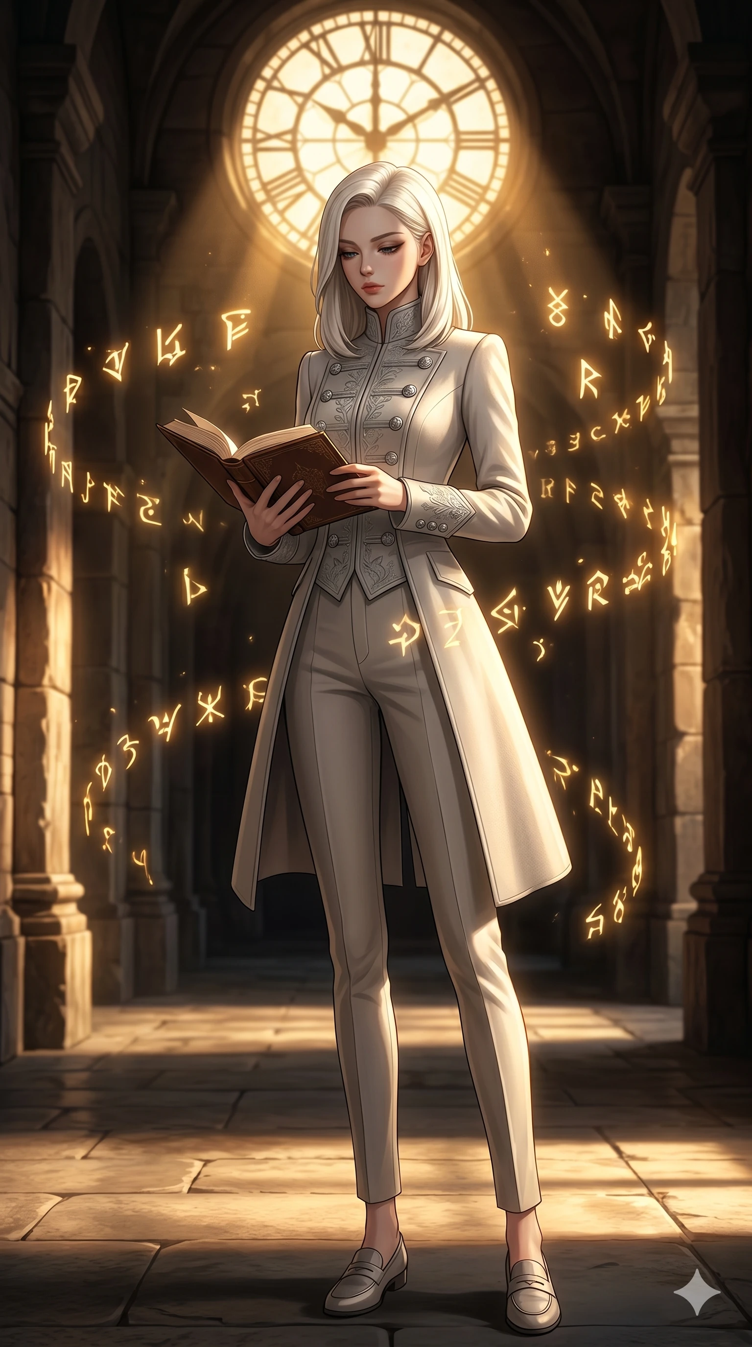 score_9, masterpiece, best quality, ultra-detailed, high-budget anime keyframe, editorial fashion photography, tasteful artistic composition, Caucasian woman, strictly human ears. low angle full-body shot from head to toe showing her feet, filling the entire 9:16 vertical frame with her statuesque presence, stretching her vertical silhouette. holding an open book, looking down with lowered lashes in a composed, intellectual gesture inside a stone temple corridor filled with floating glowing golden runes (Code-P18-044). She has an absolutely perfect 8-heads proportion, an exceptionally tall and slender female figure with impossibly long slender legs and an ultra-slim waist. V-shaped jawline, high-bridge nose, intricate jewel-like eyes with depth, thick eyelashes, glossy lips with a natural sheen. wearing a structured high-neck coat with silver buttons and tailored pants. dramatic chiaroscuro with a single golden key light filtering through the clock face. 2k, ultra detail, master piece, 9:16 ratio