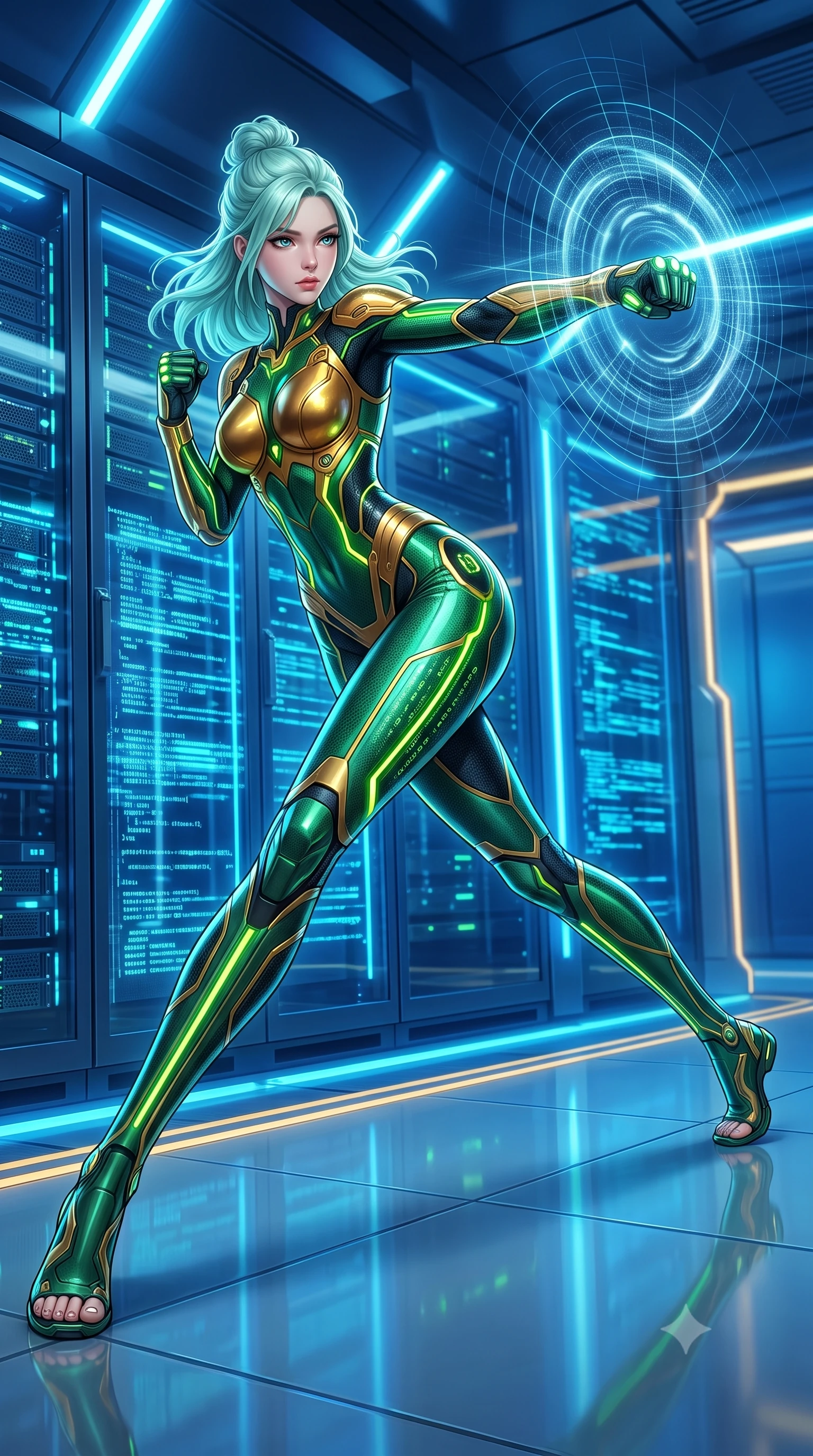 score_9, masterpiece, best quality, ultra-detailed, high-budget anime keyframe, semi-realistic 3D game render, editorial fashion photography, tasteful artistic composition, Japanese woman. low angle full-body shot from head to toe showing her feet, filling the entire 9:16 vertical frame with her statuesque presence, stretching her vertical silhouette. pivoting dynamically in a high-speed low sweep kick along the reflective floor, her athletic torso and ultra-slim waist twisting in a fluid arc of power while pivoting dynamically as she delivers a precision fist strike into the air, causing quantum grid lines to ripple outward. The surrounding environment is rendered in vivid detail and crisp panoramic clarity. intricate carbon suit nano-circuit lines, glowing knuckle LEDs, and matrix code glyphs in high clarity. She has an absolutely perfect, statuesque 8.5-heads proportion, an exceptionally tall and slender model-like female figure with impossibly long slender legs, a toned flat midriff, and an ultra-slim waist. sharp v-shaped jawline, high-bridge nose, intricate jewel-like eyes with depth, thick eyelashes, glossy lips with a natural sheen, flawlessly proportioned anatomical accuracy, strict slender model proportions, natural body alignment, perfectly sculpted long slender limbs, ultra-slim waistline, clean dynamic posture without body distortion. wearing a sculpted molten-gold and dark carbon cuirass paired with high-mobility combat leggings and kinetic energy channels in emerald green carbon composite with glowing lime laser channels, made of liquid carbon-jersey fabric adhering flawlessly to her sculpted silhouette, finished with high-mobility flexible limb seams and miniature magnetic armor locks, the liquid-tight tailored fabric emphasizing every curve of her tall, slender model proportions and sculptured silhouette during dynamic movement. bathed in glowing electric sapphire and cyan data stream illumination with rich ambient blue fill. rich saturated anime colors with glowing neon highlights, detailed shading with soft gradients, rich glossy textures, high-contrast stereoscopic depth, volumetric dynamic lighting, master piece, 9:16 ratio