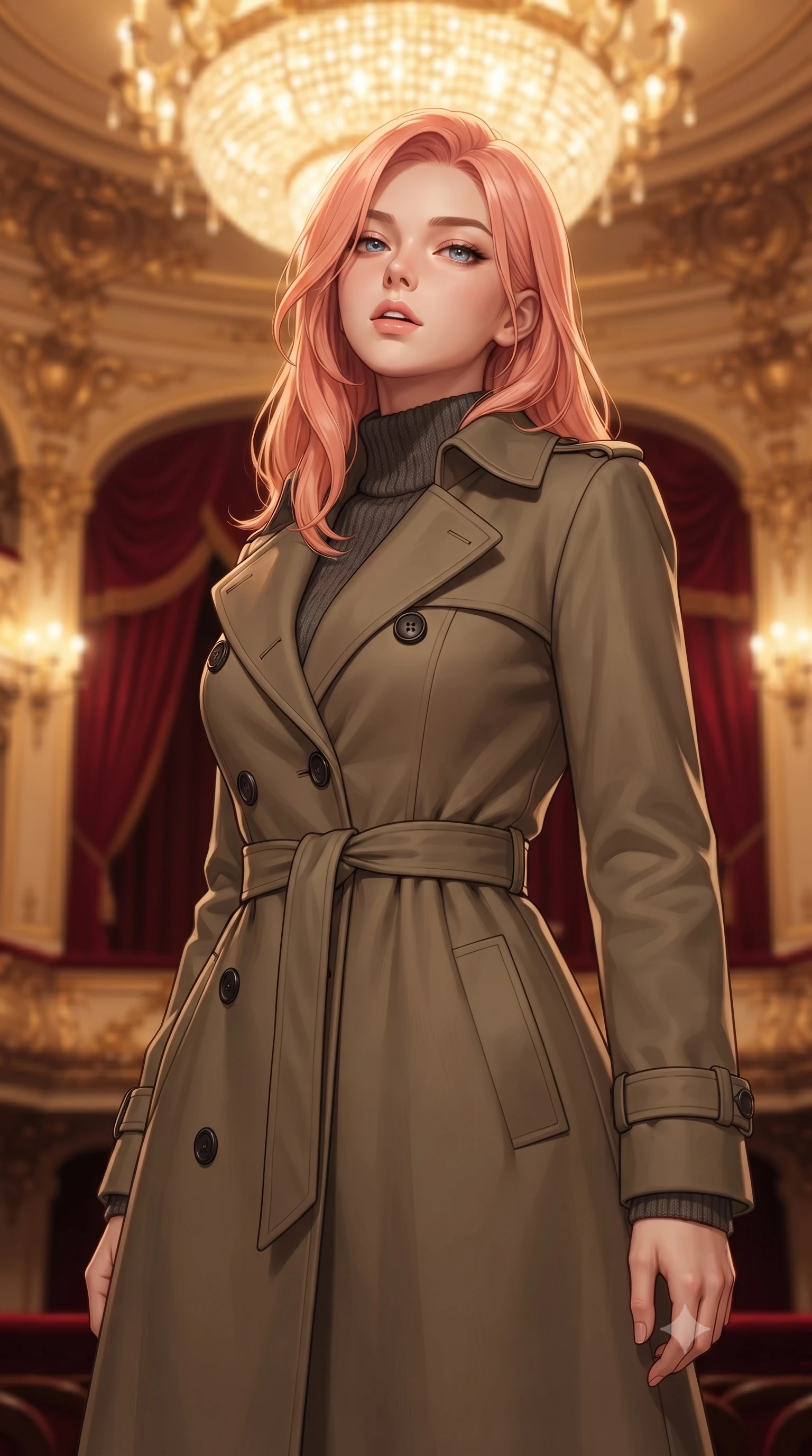 score_9, masterpiece, best quality, ultra-detailed, high-budget anime keyframe, editorial fashion photography, tasteful artistic composition, Japanese woman. close-up cowboy shot from the waist and thighs up, the character dominates the composition, filling the frame with her large presence, background elements kept in soft focus. tilting her chin up slightly with lips parted in a composed, provocative expression the background shows a soft-focus the 2nd-floor VIP opera box suite draped in heavy red silk velvet and gold carving decorations. She has an exceptionally elegant, slender, and willowy female figure with an ultra-slim waist, a gracefully sculpted slender torso, and a refined silhouette. sharp v-shaped jawline, high-bridge nose, intricate jewel-like eyes with depth, thick eyelashes, glossy lips with a natural sheen. wearing a form-contouring tailored trench coat in khaki cotton, worn closed over a high-neck dark grey knit sweater and trousers. warm golden light from the massive theater chandelier casting a soft wash. ultra-reflective glossy finish, specular highlights, metallic sheen, high-contrast stereoscopic depth, volumetric dynamic lighting, 2k, ultra detail, master piece, 9:16 ratio