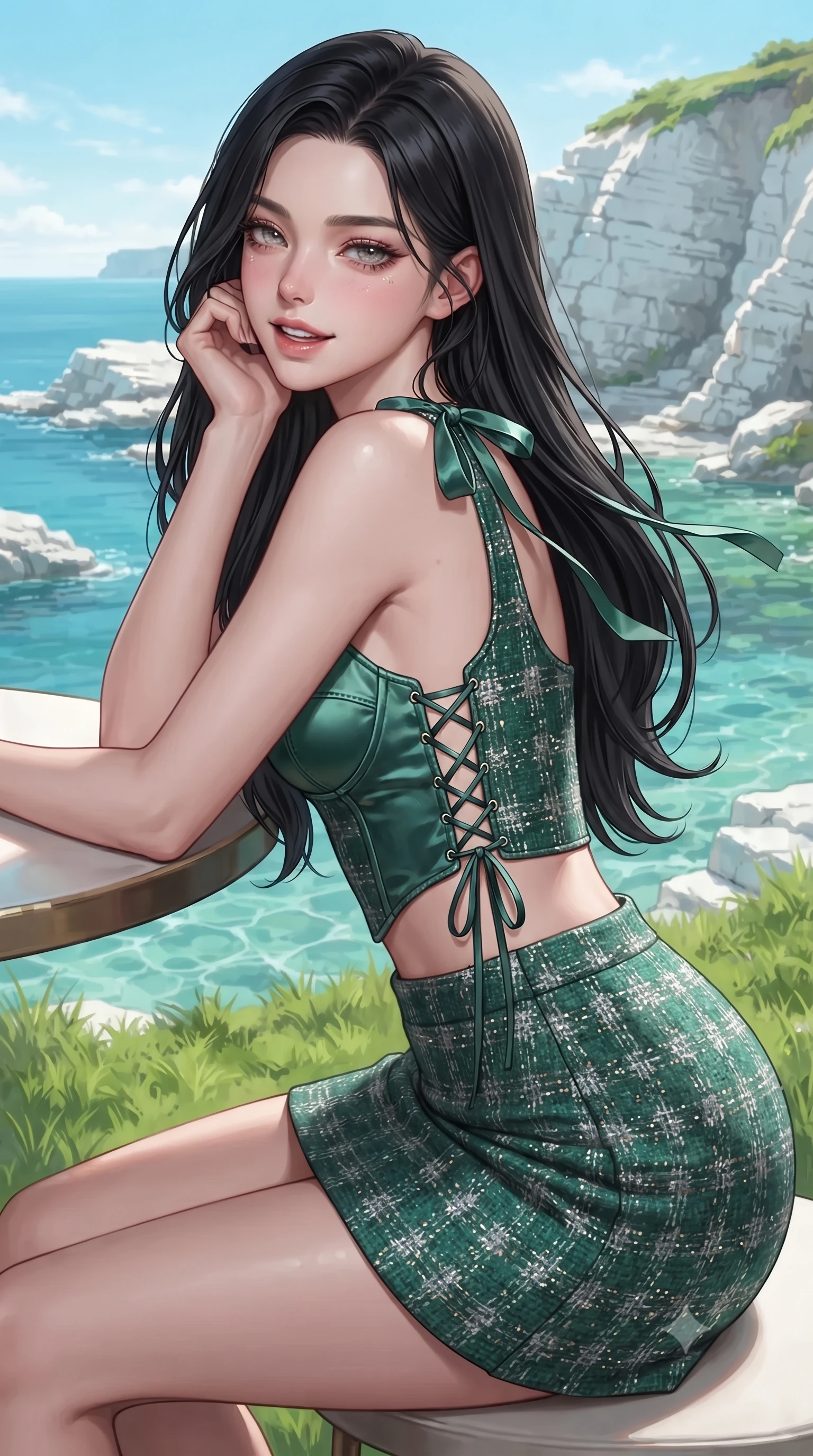 score_9, masterpiece, best quality, ultra-detailed, high-budget anime keyframe, editorial fashion photography, tasteful artistic composition, Korean woman. close-up cowboy shot from the waist and thighs up, the character dominates the composition, filling the frame with her large presence. resting one elbow on the table and supporting her chin, leaning close to the camera with heavy-lidded sparkling eyes and parted lips while posing in an alluring rear three-quarter angle with hips cocked back, glancing over her shoulder with an enchanting, parted-lip smile. The surrounding environment is rendered in vivid detail and crisp panoramic clarity: sharp white chalk flint rock strata, clear pool water surface caustics, and green coastal turf textures in deep focus. She has an exceptionally elegant, slender, and willowy female figure with an ultra-slim waist, flat toned midriff, narrow ribcage, and sculpted feminine hips creating an alluring, slim hourglass silhouette without bulk. sharp v-shaped jawline, high-bridge nose, intricate jewel-like sparkling eyes with depth, thick eyelashes, glossy parted lips with a natural peach sheen, bright cheerful beaming smile with an enchanting and coquettish sensual glint, exuding both youthful cute charm and seductive allure, flawlessly proportioned anatomical accuracy, strict slender model proportions, natural body alignment, perfectly sculpted long slender limbs, ultra-slim waistline, clean dynamic posture without body distortion. wearing a sculpted satin underwire crop bustier with lace-up side ties paired with a micro skirt in Art Nouveau malachite green and antique starlight silver, woven from structured British tweed with subtle metallic flecks, finished with satin ribbon ties at the shoulders fluttering in the gentle breeze, the precision-cut side openings and low-back scoop framing her graceful spine and the sensual sweep of her slim, toned hips. illuminated by white chalk reflection bounce and sharp gold-cyan dual rim lights sculpting her features, flat midriff, and slender waist. ultra-reflective glossy finish, specular highlights, rich textural contrasts, high-contrast stereoscopic depth, volumetric dynamic lighting, 2k, ultra detail, master piece, 9:16 ratio
