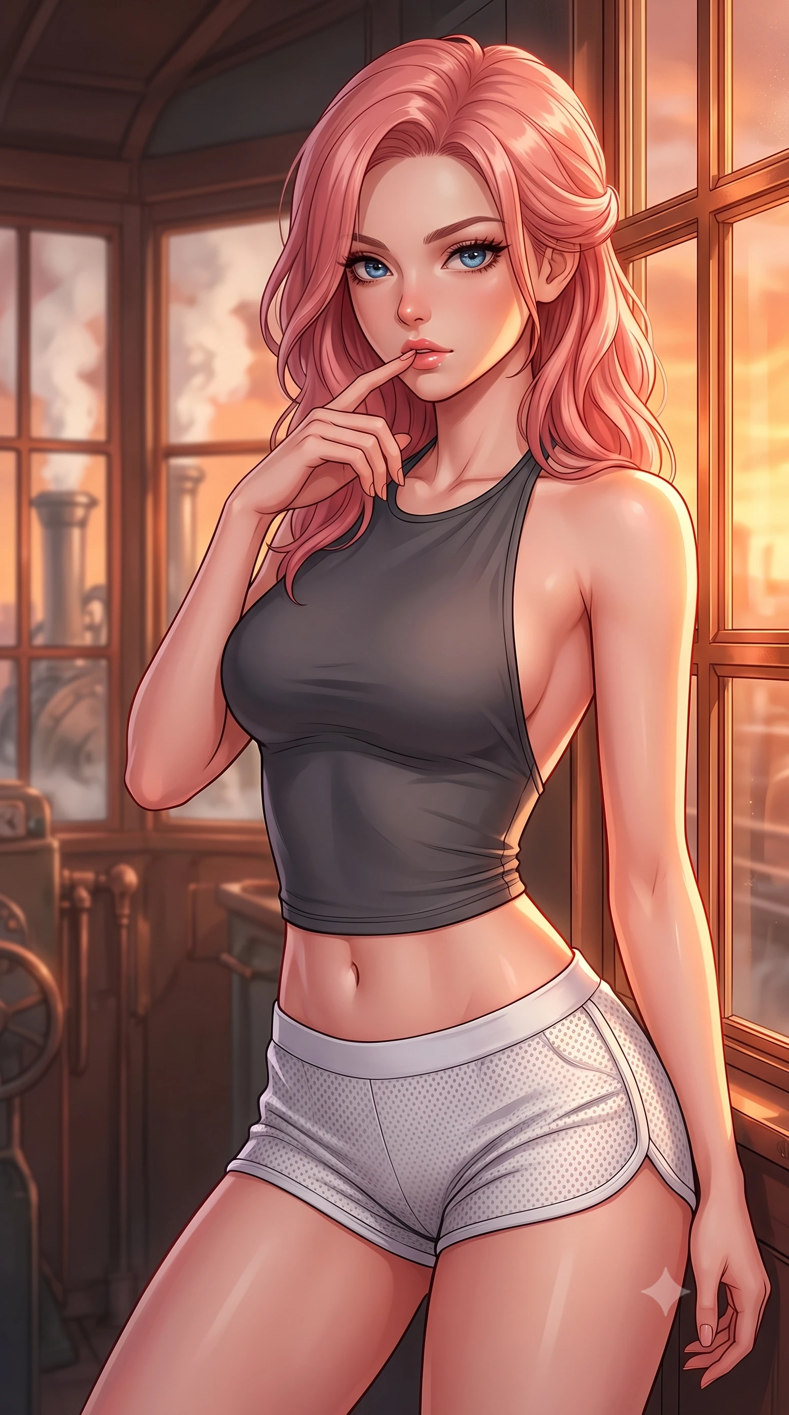score_9, masterpiece, best quality, ultra-detailed, high-budget anime keyframe, editorial fashion photography, tasteful artistic composition, Japanese woman. close-up cowboy shot from the waist and thighs up, the character dominates the composition, filling the frame with her large presence, background elements kept in soft focus. pressing one finger to her bottom lip in a thoughtful, composed gesture, locking eyes with the viewer, the background shows a soft-focus a private office engine cabin with glass windows showing steam vents. She has an exceptionally elegant, slender, and willowy female figure with an ultra-slim waist, a gracefully sculpted slender torso, and a refined silhouette. sharp v-shaped jawline, high-bridge nose, intricate jewel-like eyes with depth, thick eyelashes, glossy lips with a natural sheen. wearing a form-contouring backless combat halter top in charcoal grey, paired with white carbon-mesh micro-shorts. warm sunset light filtering through copper window grids, painting the room in orange. highly saturated vibrant anime colors, detailed shading with soft gradients, rich glossy textures, high-contrast stereoscopic depth, volumetric dynamic lighting, master piece, 9:16 ratio