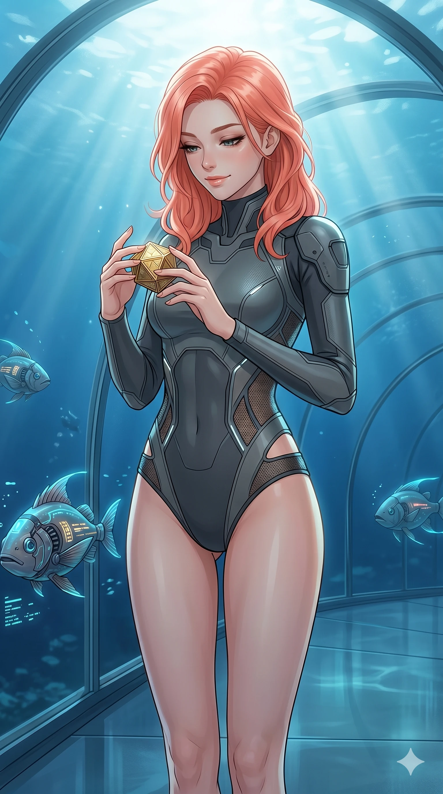 score_9, masterpiece, best quality, ultra-detailed, high-budget anime keyframe, editorial fashion photography, tasteful artistic composition, Japanese woman. cowboy shot from the thighs up, character and outfit filling the frame for maximum editorial presence. holding a small golden polyhedron, looking down with a serene smile inside an underwater glass tunnel with cybernetic fish (Code-P17-106). She has an absolutely perfect 8-heads proportion, an exceptionally tall and slender female figure with impossibly long slender legs and an ultra-slim waist. V-shaped jawline, high-bridge nose, intricate jewel-like eyes with depth, thick eyelashes, glossy lips with a natural sheen. wearing a neoprene cyber-suit featuring high-cut legs and side cutouts. soft morning sunbeams filtering through the mist, creating a soft glowing aura. 2k, ultra detail, master piece, 9:16 ratio