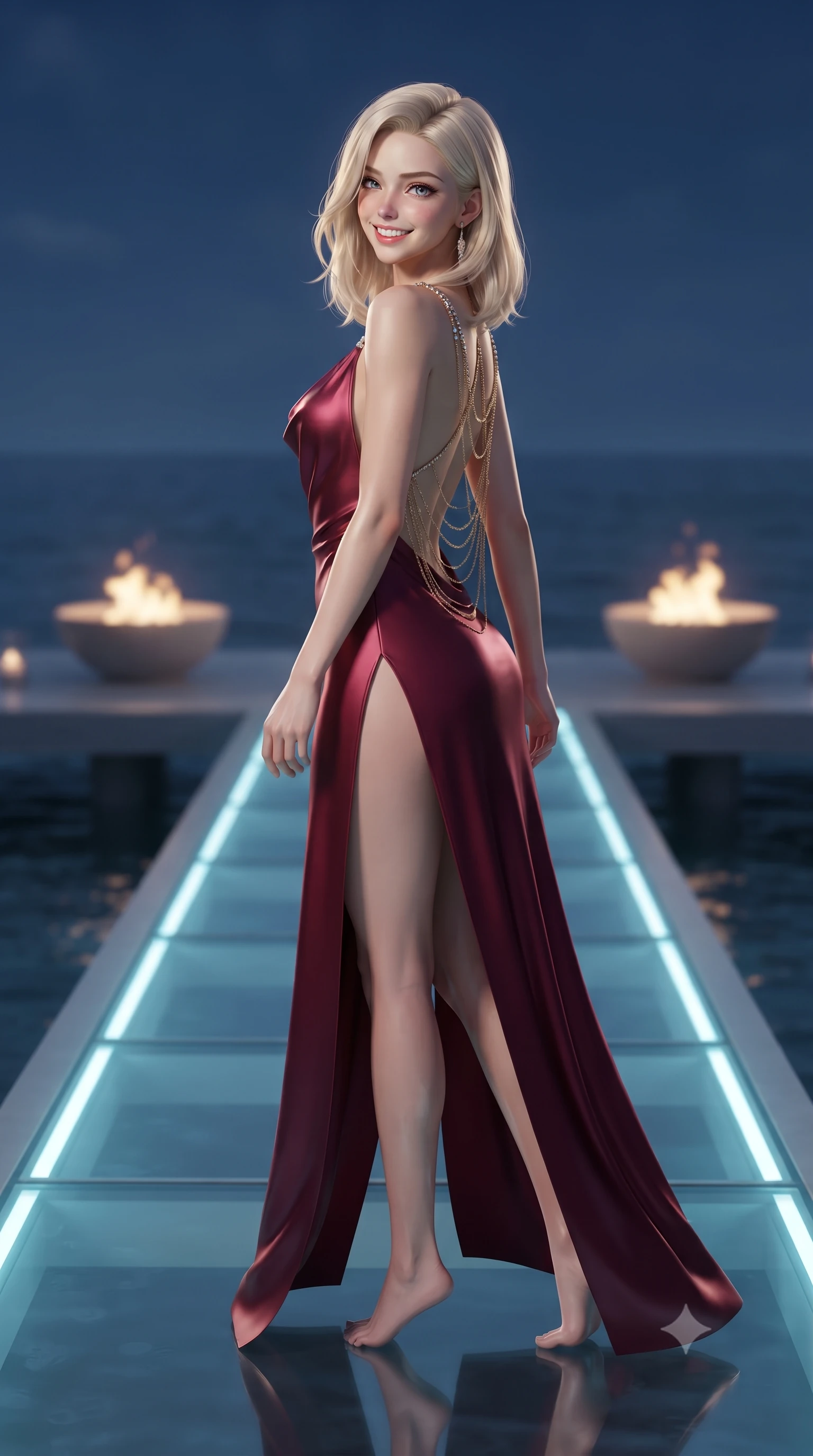 score_9, masterpiece, best quality, ultra-detailed, high-budget anime keyframe, editorial fashion photography, tasteful artistic composition, Caucasian woman. low angle full-body shot from head to toe showing her feet, filling the entire 9:16 vertical frame with her statuesque presence, stretching her vertical silhouette. walking along the terrace with poise, looking back over her bare shoulder with an irresistible smoldering bedroom-gaze while walking poised along the illuminated glass pier suspended over the calm sea, arching her spine with supermodel rhythm as night settles. The background shows a soft-focus minimalist outdoor fire bowls softened in private island billionaire glamour shallow focus. She has an exceptionally tall and slender model-like 8.5-heads proportion, an ultra-slim waist, a flat toned midriff, narrow delicate ribcage, and beautifully sculpted feminine hips creating a graceful, slim hourglass silhouette without any bulky heaviness, with impossibly long slender legs. sharp v-shaped jawline, high-bridge nose, intricate jewel-like sparkling eyes with depth, thick eyelashes, glossy parted lips with a natural peach sheen, bright cheerful beaming smile with an enchanting and coquettish sensual glint, exuding both youthful cute charm and seductive allure, flawlessly proportioned anatomical accuracy, strict slender model proportions, natural body alignment, perfectly sculpted long slender limbs, ultra-slim waistline, clean dynamic posture without body distortion. wearing a plunging cowl-neck liquid satin resort gown with dramatic hip-high side slits and crystal shoulder cords in Italian baroque bordeaux wine and antique gilded gold, woven from stretch shimmer crepe adhering with glove-like precision, accented with an open-back drape framed by falling strands of delicate gold chains, the high-slit wrap tailoring accentuating her ultra-slim waistline and the enchanting curve of her feminine hips with alluring seductive charm. illuminated by glass floor upward bounce and sharp platinum-cyan rim lights defining her jawline, flat midriff, and feminine hips. ultra-reflective glossy finish, specular highlights, rich textural contrasts, high-contrast stereoscopic depth, volumetric dynamic lighting, 2k, ultra detail, master piece, 9:16 ratio