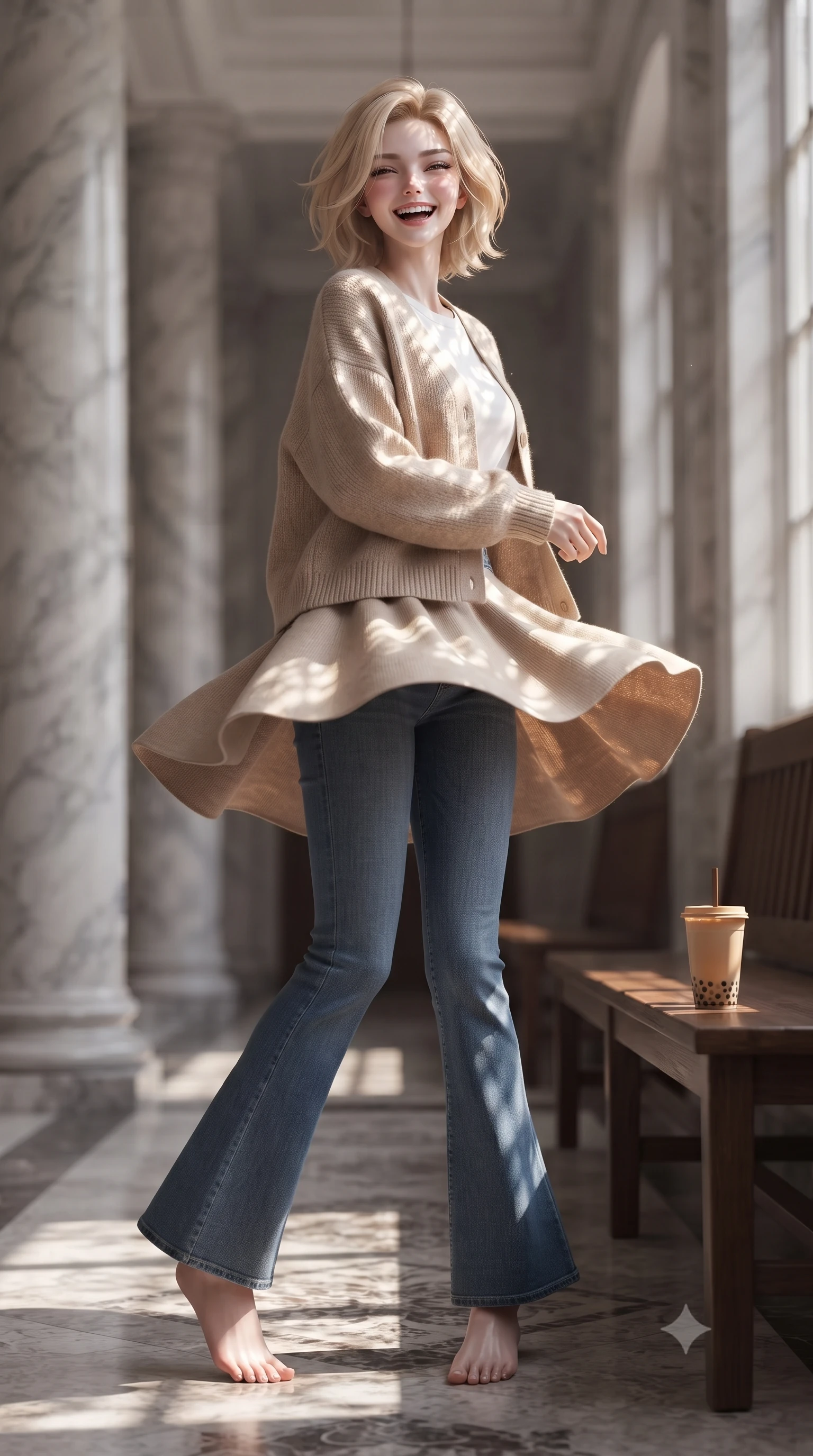 score_9, masterpiece, best quality, ultra-detailed, high-budget anime keyframe, editorial fashion photography, tasteful artistic composition, Caucasian woman. low angle full-body shot from head to toe showing her feet, filling the entire 9:16 vertical frame with her statuesque presence, stretching her vertical silhouette. twirling around with a playful, cute laugh, her skirt billowing beautifully in the air set against a soft-focus background of inside a spacious university auditorium hallway with marble columns and wooden benches holding a warm paper cup of milk tea with bubbles. She has an absolutely perfect, statuesque 8.5-heads proportion, an exceptionally tall and slender model-like female figure with impossibly long slender legs and an ultra-slim waist. sharp v-shaped jawline, high-bridge nose, intricate jewel-like eyes with depth, thick eyelashes, glossy lips with a natural sheen. wearing tailored cozy knit cardigan in beige, layered over a casual white tee and tailored blue denim pants. dappled sunlight creating beautiful light patterns on her skin and the ground. ultra-reflective glossy finish, specular highlights, metallic sheen, high-contrast stereoscopic depth, volumetric dynamic lighting, 2k, ultra detail, master piece, 9:16 ratio