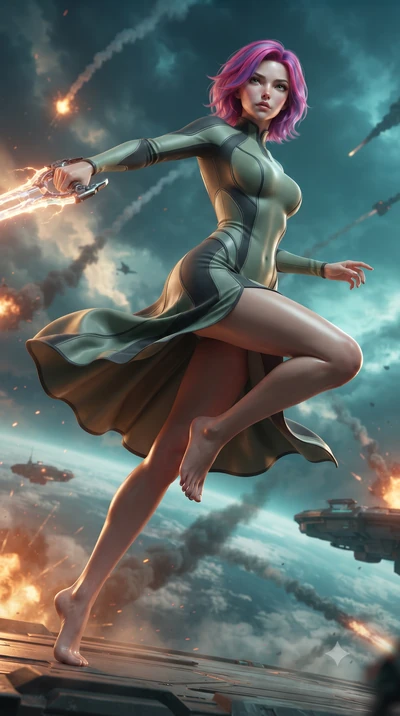 score_9, masterpiece, best quality, ultra-detailed, high-budget anime keyframe, editorial fashion photography, tasteful artistic composition, realistic cosplay photography, Caucasian woman, strictly human ears. low angle full-body shot from head to t