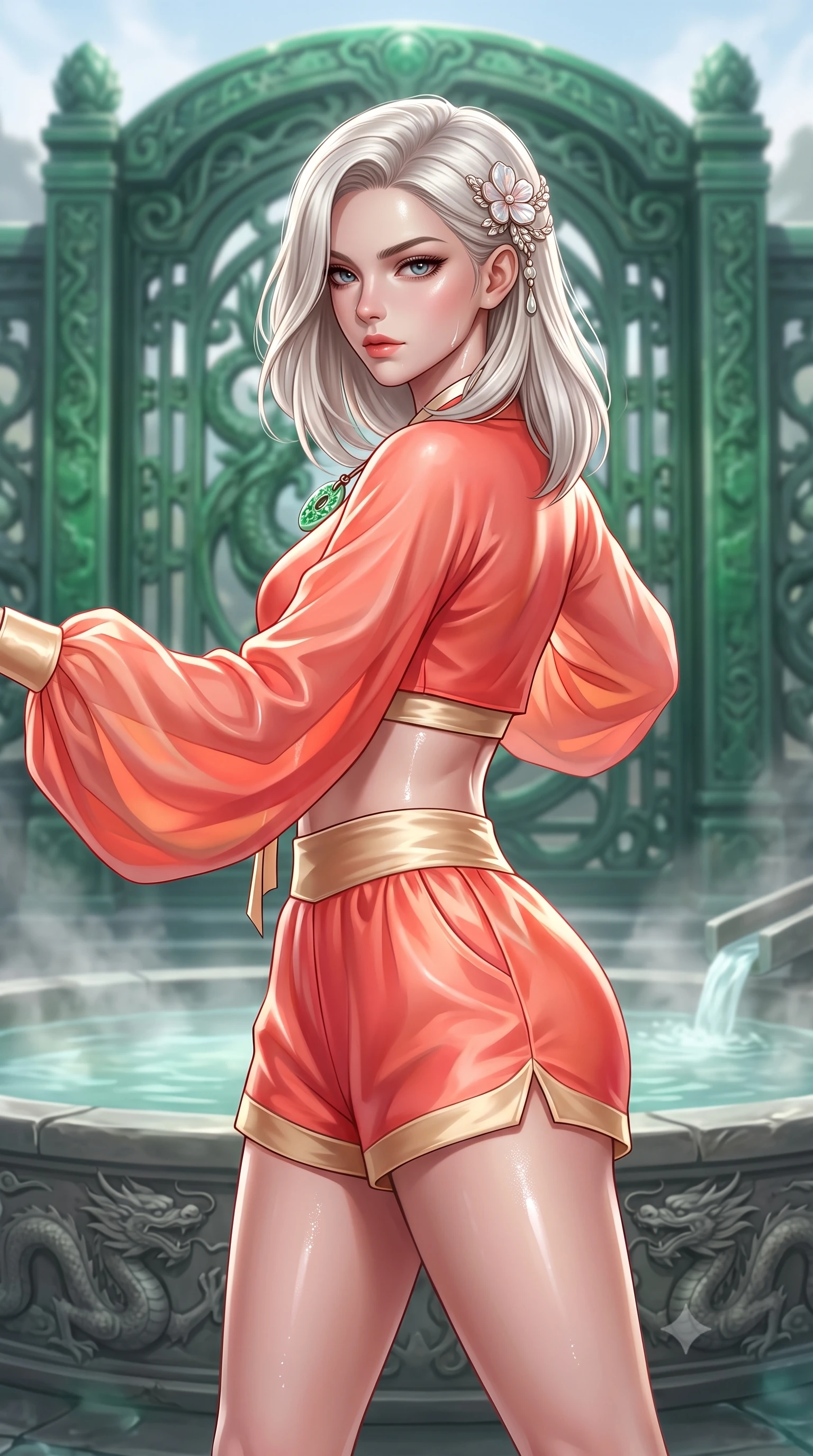 score_9, masterpiece, best quality, ultra-detailed, high-budget anime keyframe, semi-realistic 3D game render, editorial fashion photography, tasteful artistic composition, Caucasian woman. close-up cowboy shot from the waist and thighs up, the character dominates the composition, filling the frame with her large presence. turning over her shoulder with an indomitable, smoldering gaze, her soft hair framing her razor-sharp v-shaped jawline while arching her spine in a fluid martial arts greeting stance before the colossal biomechanical jade palace gates. The composition keeps background elements in soft focus with creamy bokeh. steaming mineral spring waters and carved dragon reliefs softened in atmospheric depth of field. She has an exceptionally elegant, slender, and willowy female figure with an ultra-slim waist, a gracefully sculpted slender torso, toned flat midriff, and a refined slim silhouette. sharp v-shaped jawline, high-bridge nose, intricate jewel-like eyes with depth, thick eyelashes, glossy lips with a natural sheen, captivating and magnetic expression, flawlessly proportioned anatomical accuracy, strict slender model proportions, natural body alignment, perfectly sculpted long slender limbs, ultra-slim waistline, clean dynamic posture without body distortion. wearing a modern shortened cyber-hanbok crop top with wide billowing sleeves and high-waist silk shorts in sunrise coral and champagne gold, tailored from crisp ceremonial cotton and multi-layered translucent chiffon, accented with mother-of-pearl hair ornaments and a carved jade pendant, the sleek tailored cut tightly hugging her graceful clavicle, narrow waist, and feminine curves with statuesque precision. illuminated by wet reflective highlights defining her sculpted neck, waistline, and slender legs. highly saturated vibrant anime colors, detailed shading with soft gradients, rich glossy textures, high-contrast stereoscopic depth, volumetric dynamic lighting, master piece, 9:16 ratio