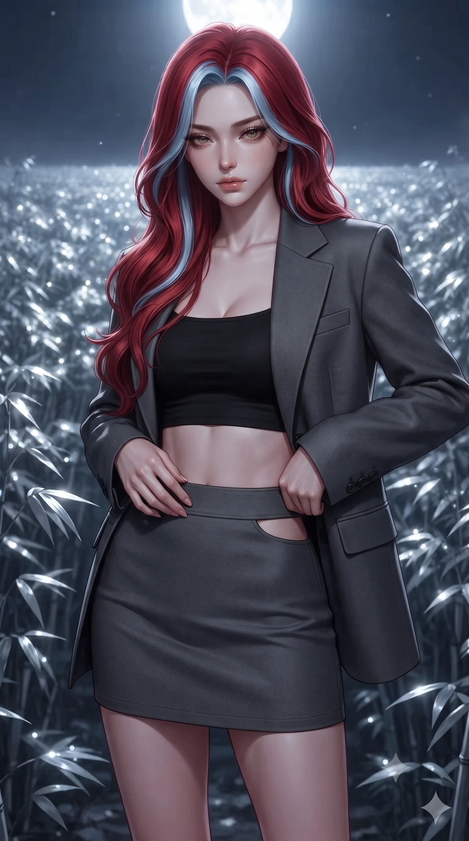 score_9, masterpiece, best quality, ultra-detailed, high-budget anime keyframe, editorial fashion photography, tasteful artistic composition, Caucasian woman, strictly human ears. close-up cowboy shot from the waist and thighs up, the character dominates the composition, filling the frame with her large presence, background elements kept in soft focus. Looking down with lowered lashes and a composed powerful expression. set against a soft-focus background of an endless ocean of silver-tipped bamboo swaying in unison under brilliant full moonlight creating hypnotic wave patterns that ripple to the horizon the bamboo leaves catching and releasing silver light with each movement. She has an exceptionally elegant and slender, willowy female figure with an ultra-slim waist, a gracefully sculpted slender torso, and a refined slim physique. sharp v-shaped jawline, high-bridge nose, intricate jewel-like eyes with depth, thick eyelashes, glossy lips with a natural sheen. wearing a structured blazer in charcoal grey worn open over a black crop top and matching mini skirt with side cutout. brilliant silver full moonlight from above catching the bamboo tips creating countless tiny glinting highlights that shift and dance with the wind like a sea of silver sparks. 2k, ultra detail, master piece, 9:16 ratio