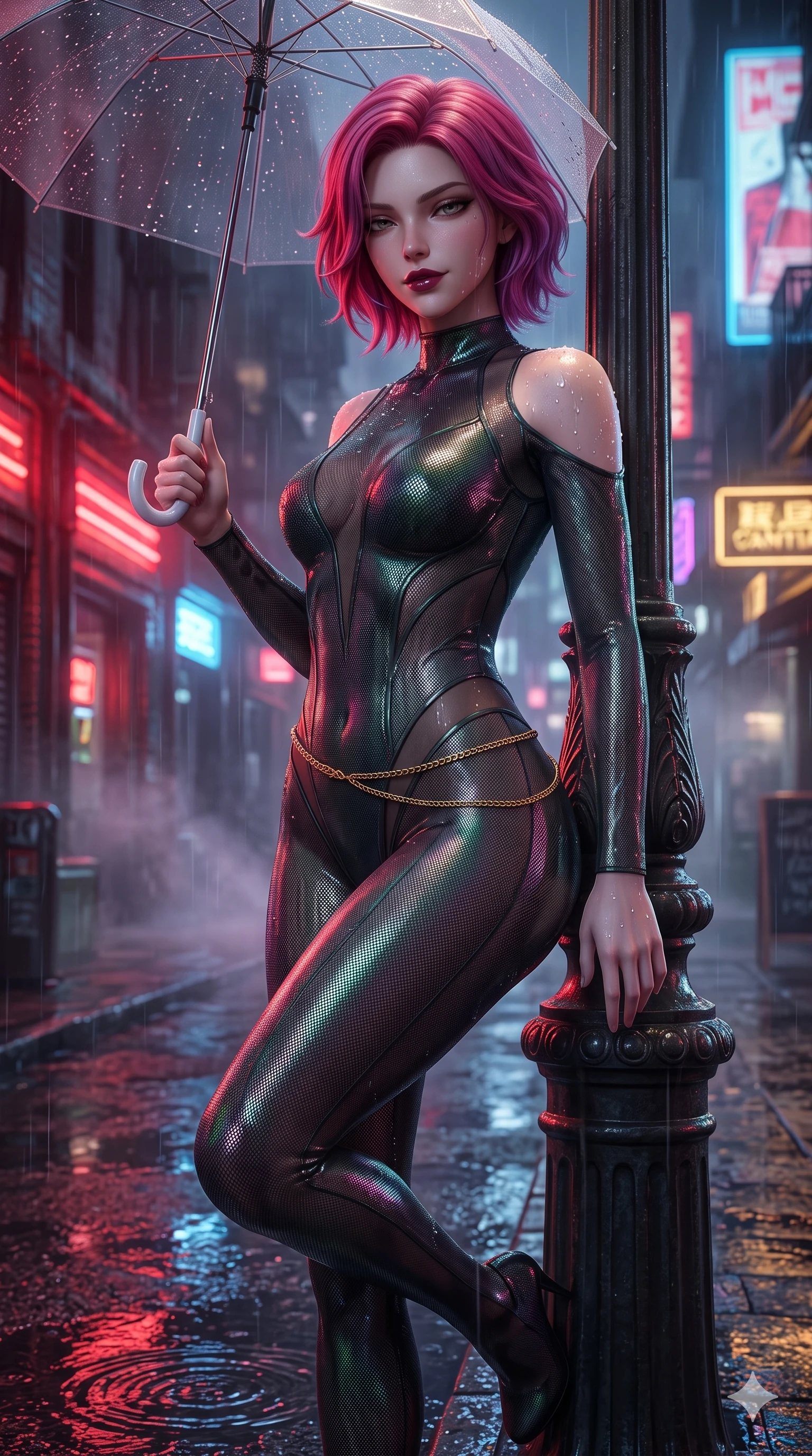 score_9, masterpiece, best quality, ultra-detailed, high-budget anime keyframe, semi-realistic 3D game render, editorial fashion photography, tasteful artistic composition, Caucasian woman. close-up cowboy shot from the waist and thighs up, the character dominates the composition, filling the frame with her large presence. leaning against a historic cast-iron lamppost with one knee bent, night mist drifting through her hair as her dark outfit traces her feminine curves while twisting her slender torso in an alluring contrapposto stance, raindrops glistening on her bare skin as saturated neon signs reflect in puddles around her heels. The surrounding environment is rendered in vivid detail and crisp panoramic clarity: sharp wet asphalt grit texture, rain droplets beading on the translucent umbrella canopy, and puddle ripple reflections in deep focus. She has an exceptionally elegant, slender, and willowy female figure with an ultra-slim waist, flat toned midriff, narrow ribcage, and sculpted feminine hips creating an alluring, slim hourglass silhouette without bulk. sharp v-shaped jawline, high-bridge nose, intricate jewel-like dark sparkling eyes with dangerous depth, thick curled eyelashes, glossy parted lips with a rich wine sheen, smoldering seductive half-smile with bedroom-eyes, exuding effortless superiority and intoxicating dark allure, flawlessly proportioned anatomical accuracy, strict slender model proportions, natural body alignment, perfectly sculpted long slender limbs, ultra-slim waistline, clean dynamic posture without body distortion. wearing a delicate semi-translucent wet-look mesh bodysuit clinging sheerly to her sculpted torso and hip curves in iridescent petroleum beetle-sheen and deep graphite, crafted from stretch micro-mesh with metallic foil coating that shimmers in the city night lights, finished with a delicate gold snake chain belt resting loosely across her curvy hips, the liquid-tight tailored fabric clinging flawlessly to her narrow waist and rounded feminine hips, emphasizing every millimeter of her sculpted slim hourglass curves without any bulky heaviness. bathed in intense saturated crimson and warm gold neon underlights contrasting with dark rain-soaked shadow tones. highly saturated vibrant anime colors, detailed shading with soft gradients, rich glossy textures, high-contrast stereoscopic depth, volumetric dynamic lighting, master piece, 9:16 ratio