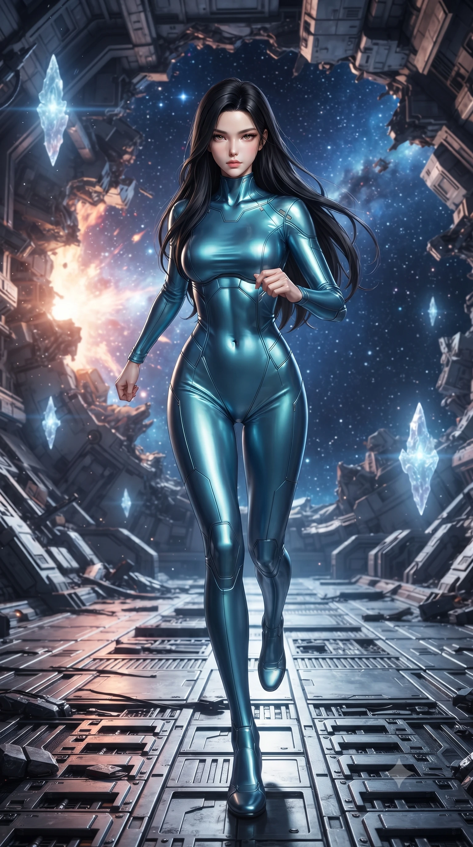 score_9, masterpiece, best quality, ultra-detailed, high-budget anime keyframe, editorial fashion photography, tasteful artistic composition, realistic cosplay photography, Korean woman. low angle full-body shot from head to toe showing her feet, filling the entire 9:16 vertical frame with her statuesque presence, stretching her vertical silhouette. running along the outer hull of a giant starship in zero gravity, magnetic boots clinging to a stone corridor of an alien fortress, where a plasma explosion has breached the wall revealing a starry space sky. She has a statuesque 8.5-heads proportion, an exceptionally tall, slender and willowy model-like build with impossibly long legs and a highly sculpted ultra-slim waist. sharp v-shaped jawline, high-bridge nose, intricate jewel-like eyes with depth, thick eyelashes, glossy lips with a natural sheen. wearing tailored for maximum mobility, sleek form-contouring panels that allow fluid movement, a body-hugging figure-hugging mock-turtleneck gown in a shifting peacock-blue silk fabric, hugging her slender figure from neck to ankle. ethereal pearlescent light emanating from floating crystalline formations all around. ultra-reflective glossy finish, specular highlights, metallic sheen, high-contrast stereoscopic depth, volumetric dynamic lighting, 2k, ultra detail, master piece, 9:16 ratio