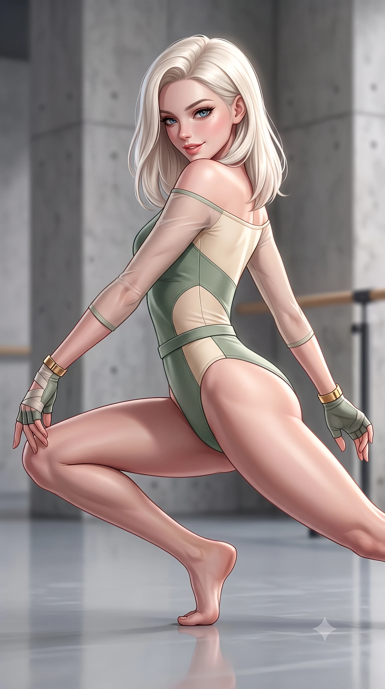 score_9, masterpiece, best quality, ultra-detailed, high-budget anime keyframe, semi-realistic 3D game render, editorial fashion photography, tasteful artistic composition, Caucasian woman. close-up cowboy shot from the waist and thighs up, the character dominates the composition, filling the frame with her large presence. turning over a bare shoulder with an intoxicating, teasing smile, her soft hair framing her sharp jawline as her hips angle gracefully while crouching in a low, balanced dancer plié on the reflective floor, her athletic feminine curves and toned hips creating a breathtaking line. The composition keeps background elements in soft focus with creamy bokeh. minimalist architectural concrete pillars and barre stands softened in clean artistic depth. She has an exceptionally elegant, slender, and willowy female figure with an ultra-slim waist, a gracefully sculpted slender torso, toned flat midriff, and rounded feminine hips creating an alluring hourglass silhouette. sharp v-shaped jawline, high-bridge nose, intricate jewel-like eyes with depth, thick eyelashes, glossy parted lips with a natural sheen, intensely captivating and seductive bedroom-eyes expression, flawlessly proportioned anatomical accuracy, strict slender model proportions, natural body alignment, perfectly sculpted long slender limbs, ultra-slim waistline, clean dynamic posture without body distortion. wearing a layered dance bodysuit with sheer mesh sleeves and form-fitting hip-cinching belt in sage green and warm cream, crafted from ultra-soft supple matte spandex with second-skin elasticity, accessorized with fingerless athletic wrap gloves and minimalist gold cuffs, the form-contouring material adhering flawlessly to her sculpted flat midriff and slender torso, emphasizing her long leg lines and perfectly proportioned willowy build. surrounded by a disciplined, sensual, and exquisitely graceful haute-couture dancer aura. highly saturated vibrant anime colors, detailed shading with soft gradients, rich glossy textures, high-contrast stereoscopic depth, volumetric dynamic lighting, master piece, 9:16 ratio
