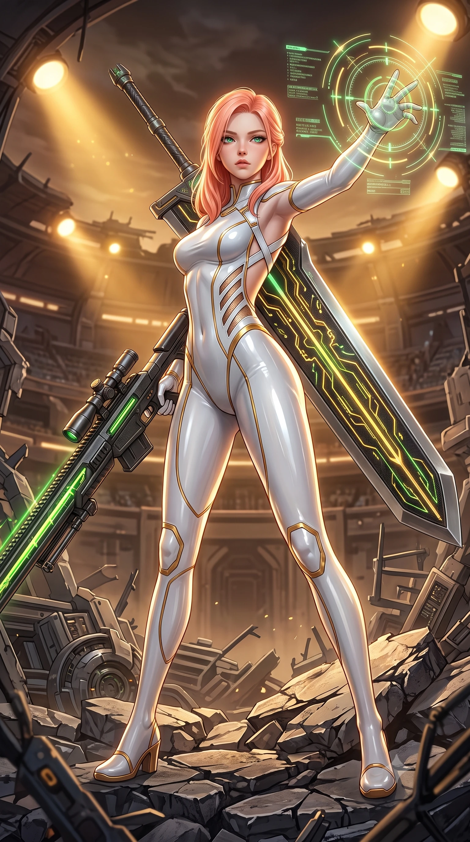 score_9, masterpiece, best quality, ultra-detailed, high-budget anime keyframe, semi-realistic 3D game render, editorial fashion photography, tasteful artistic composition, Japanese woman. close-up cowboy shot from the waist and thighs up, the character dominates the composition, filling the frame with her large presence. extending one arm gracefully as glowing holographic targeting reticles and data streams orbit her fingertips with sovereign power while standing victorious on the shattered rubble of a cybernetic colosseum arena with a massive carbon greatsword resting on her shoulder. The surrounding environment is rendered in vivid detail and crisp panoramic clarity. dramatic warrior chiaroscuro and monumental ruined arena architecture rendered in panoramic precision. She has an exceptionally elegant, slender, and willowy female figure with an ultra-slim waist, a gracefully sculpted slender torso, toned flat midriff, and a refined slim silhouette. sharp v-shaped jawline, high-bridge nose, intricate jewel-like eyes with depth, thick eyelashes, glossy lips with a natural sheen, flawlessly proportioned anatomical accuracy, strict slender model proportions, natural body alignment, perfectly sculpted long slender limbs, ultra-slim waistline, clean dynamic posture without body distortion. wearing a form-contouring arctic white carbon-composite battle-suit with solar gold trim and diagonal midriff vents, aiming a precision carbon-fiber railgun sniper rifle with divine focus in emerald green carbon composite with glowing lime laser channels, formed from high-gloss patent carbon-plating with specular chiaroscuro reflections, complemented by criss-cross back harness straps highlighting her completely bare spine, the glove-like aerodynamic second-skin fit tightly clinging to her ultra-slender waist and athletic curves without adding bulk, accentuating her razor-sharp statuesque lines and slim hourglass silhouette. bathed in warm golden arena searchlights and glowing greatsword energy channel radiance. rich saturated anime colors with glowing neon highlights, detailed shading with soft gradients, rich glossy textures, high-contrast stereoscopic depth, volumetric dynamic lighting, master piece, 9:16 ratio
