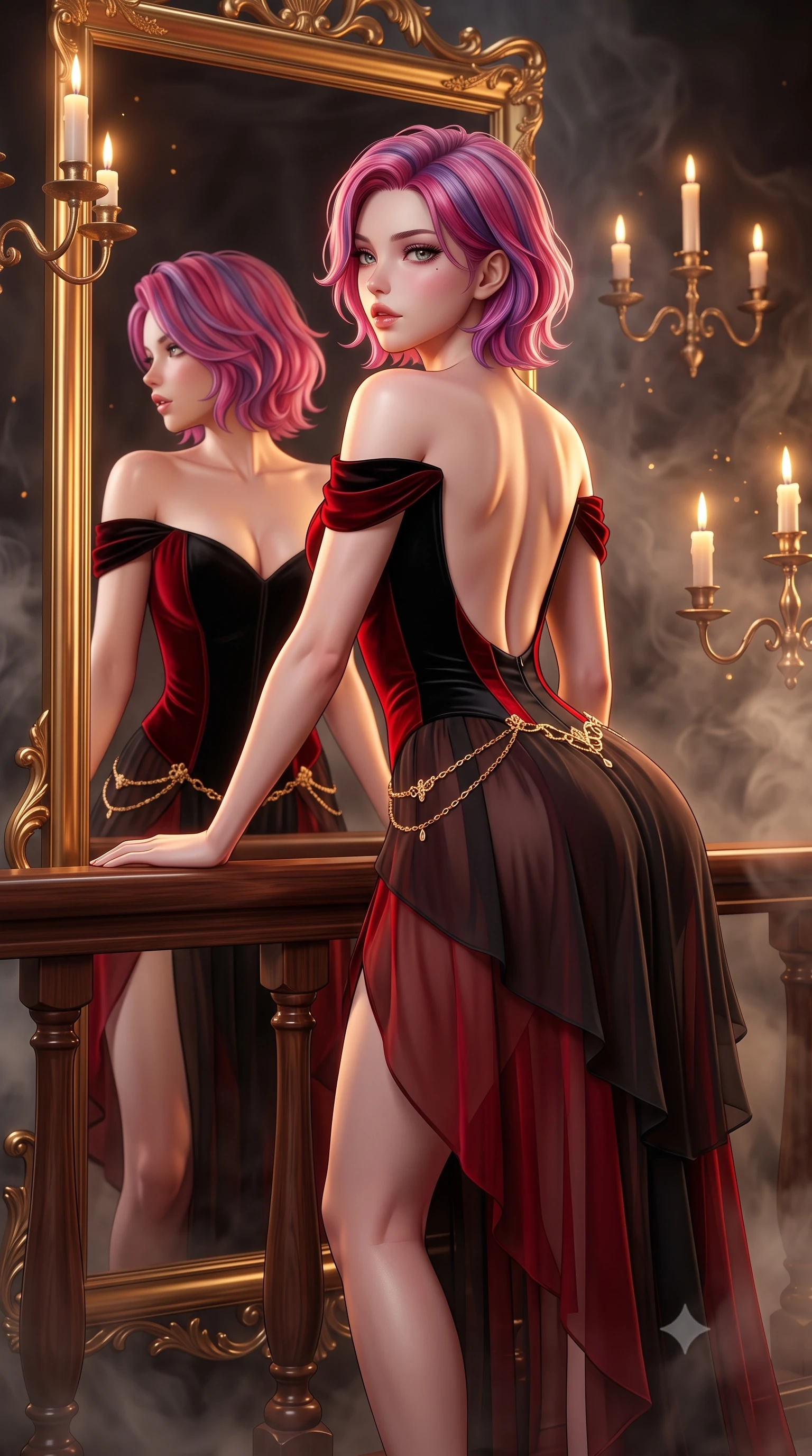 score_9, masterpiece, best quality, ultra-detailed, high-budget anime keyframe, semi-realistic 3D game render, editorial fashion photography, tasteful artistic composition, Caucasian woman. close-up cowboy shot from the waist and thighs up, the character dominates the composition, filling the frame with her large presence. leaning forward against the polished railing with her hips cocked back, creating an intoxicating curve from her narrow waist to sculpted hips as she gazes back into the lens while leaning against an ornate gilded floor mirror surrounded by floating candelabras, looking over her shoulder at her own reflection with parted glossy lips. The composition keeps background elements in soft focus with creamy bokeh. drifting cavern mist and candelabra wax smoke catching glowing amber light motes. She has an exceptionally elegant, slender, and willowy female figure with an ultra-slim waist, flat toned midriff, narrow ribcage, and sculpted feminine hips creating an alluring, slim hourglass silhouette without bulk. sharp v-shaped jawline, high-bridge nose, intricate jewel-like eyes with depth, thick eyelashes, glossy parted lips with a natural sheen, intensely captivating and seductive bedroom-eyes expression, flawlessly proportioned anatomical accuracy, strict slender model proportions, natural body alignment, perfectly sculpted long slender limbs, ultra-slim waistline, clean dynamic posture without body distortion. wearing an off-shoulder French court corset bodice dress paired with a tiered translucent chiffon slit skirt in phantom obsidian black and blood-red velvet, tailored from liquid silk jersey adhering flawlessly to her slender build, accented with a delicate gold chain belt resting loosely on her curvy hips, the dramatically scooped open back descending to the base of her spine, accentuating her razor-sharp statuesque lines and slim hourglass silhouette. illuminated by rich specular rim lights defining her razor-sharp jawline, narrow waist, and curvy hips. highly saturated vibrant anime colors, detailed shading with soft gradients, rich glossy textures, high-contrast stereoscopic depth, volumetric dynamic lighting, master piece, 9:16 ratio