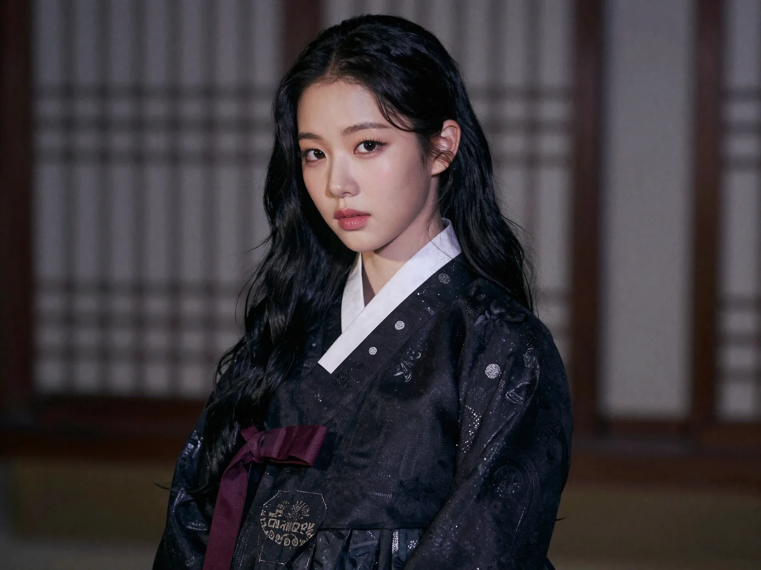 A stunning Korean female K-pop idol with fair skin and long, slightly wavy black hair. She has sharp, captivating eyes and delicate facial features. She is wearing a modernized dark-toned hanbok with elegant patterns and subtle shine, with a traditional bow slung across her back. The scene has a cinematic atmosphere with soft, moody lighting.