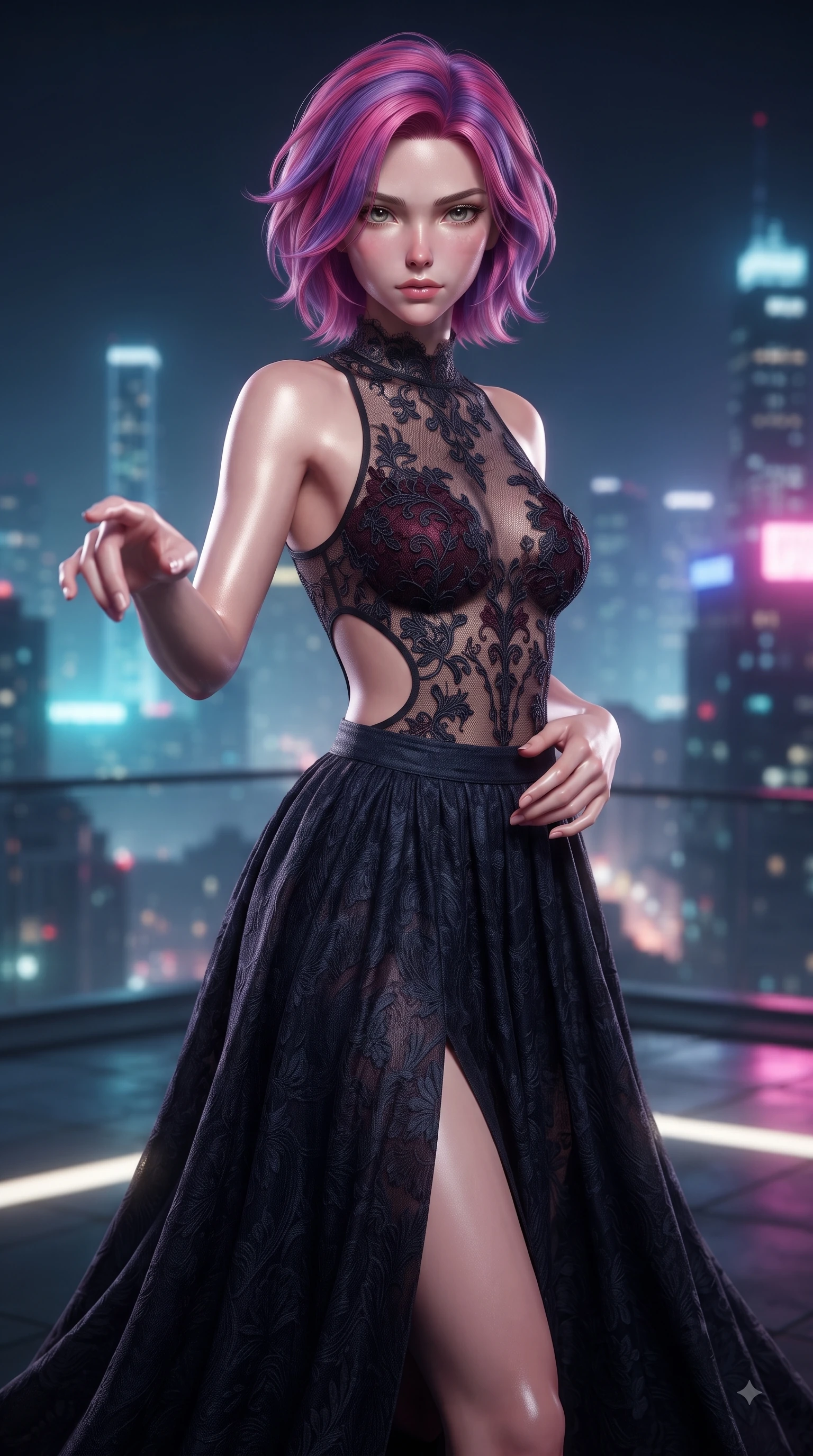 score_9, masterpiece, best quality, ultra-detailed, high-budget anime keyframe, editorial fashion photography, tasteful artistic composition, Caucasian woman woman. close-up cowboy shot from the waist and thighs up, the character dominates the composition, filling the frame with her large presence, background elements kept in soft focus. She has an exceptionally elegant, slender, and willowy female figure with an ultra-slim waist, a gracefully sculpted slender torso, and a refined silhouette. reaching one hand toward the viewer with relaxed elegance, her gaze holding quiet authority, flawlessly proportioned anatomical accuracy, natural body alignment, perfectly sculpted elegant limbs, clean dynamic posture without body distortion. set against a soft-focus background of a penthouse helipad lounge overlooking a misty neon skyline. wearing a Gothic nebula sheer lace bodysuit with intricate dark embroidery and delicate side cutouts. bathed in vibrant city skyline night lights casting sleek specular reflections. ultra-reflective glossy finish, specular highlights, metallic sheen, high-contrast stereoscopic depth, volumetric dynamic lighting, 2k, ultra detail, master piece, 9:16 ratio