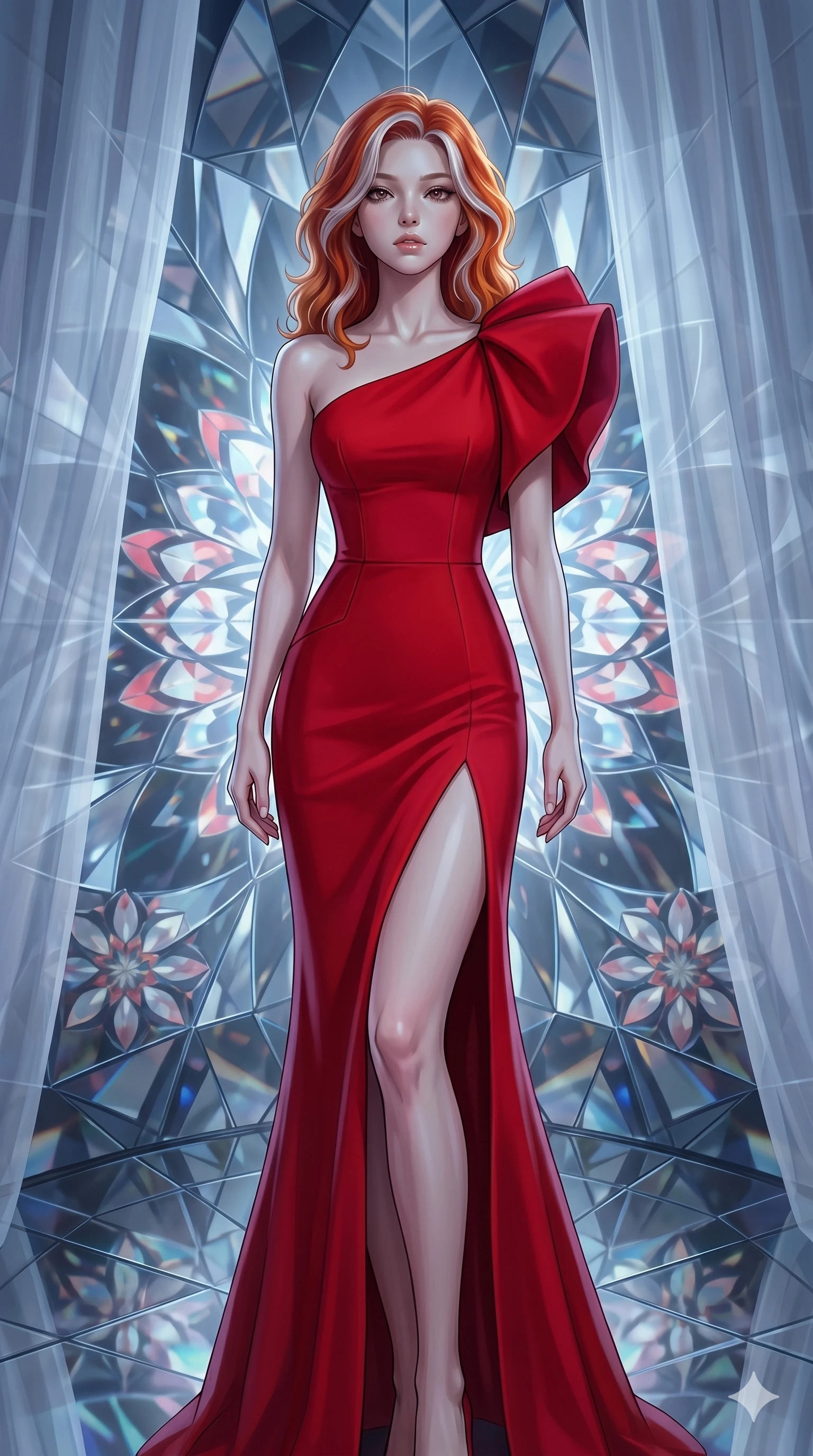 score_9, masterpiece, best quality, ultra-detailed, high-budget anime keyframe, editorial fashion photography, tasteful artistic composition, Caucasian woman, strictly human ears. cowboy shot from the thighs up, character and outfit filling the frame for maximum editorial presence. Tilting her chin up slightly with lips parted in a composed expression within a rotating kaleidoscope chamber where mirrored petals form endlessly shifting mandalas. She has an absolutely perfect 8-heads proportion, an exceptionally tall and slender female figure with impossibly long slender legs and an ultra-slim waist. V-shaped jawline, high-bridge nose, intricate jewel-like eyes with depth, thick eyelashes, glossy lips with a natural sheen. wearing a scarlet red crepe floor-length one-shoulder gown with a structured fitted bodice, a bold side slit ascending to mid-thigh, and dramatic architectural volume at the shoulder. bathed in cold silver moonlight filtered through translucent gossamer curtains casting soft shadows on her curves. 2k, ultra detail, master piece, 9:16 ratio