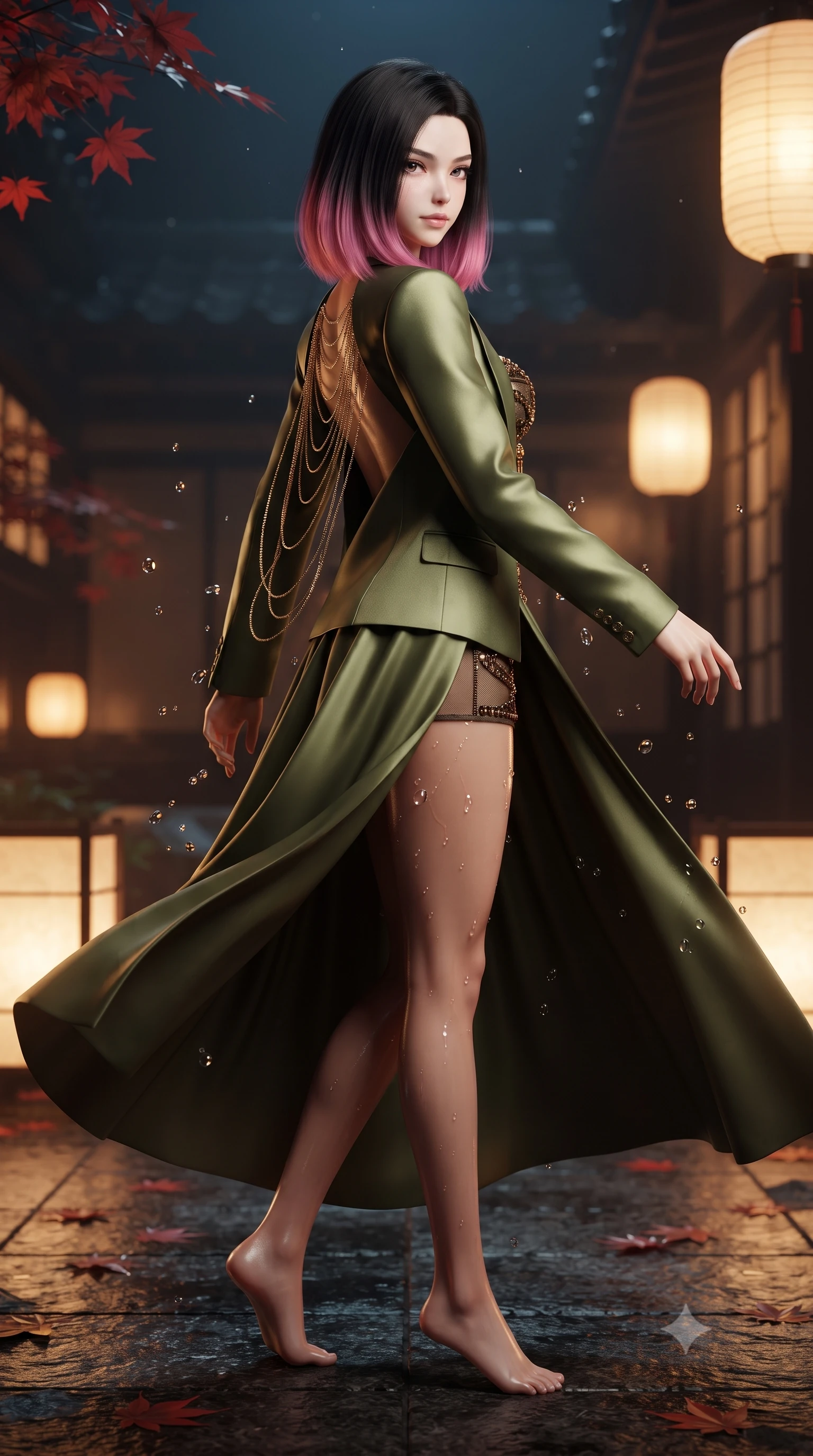 score_9, masterpiece, best quality, ultra-detailed, high-budget anime keyframe, editorial fashion photography, tasteful artistic composition, Korean woman. low angle full-body shot from head to toe showing her feet, filling the entire 9:16 vertical frame with her statuesque presence, stretching her vertical silhouette. executing a slow, graceful pivot turn as her skirt sways around her slender legs, glancing back with an enchanting, teasing sensual expression while twisting her slender torso in an alluring contrapposto stance, warm mineral water droplets and glowing paper lanterns tracing her curves. The surrounding environment is rendered in vivid detail and crisp panoramic clarity: sharp flamed black granite stone texture, delicate red maple leaf veins, and water meniscus on dewy skin in deep focus. She has an absolutely perfect, statuesque 8.5-heads proportion, an exceptionally tall and slender model-like female figure with impossibly long slender legs, an ultra-slim waist, a flat toned midriff, narrow delicate ribcage, and beautifully sculpted feminine hips creating a graceful, slim hourglass silhouette without any bulky heaviness. sharp v-shaped jawline, high-bridge nose, sparkling eyes with hypnotic seductive depth, thick curled eyelashes, glossy parted lips with a natural dewy peach sheen, alluring bedroom-eyes with an enchanting coquettish smile, exuding magnetic siren charisma and sophisticated glamour, flawlessly proportioned anatomical accuracy, strict slender model proportions, natural body alignment, perfectly sculpted long slender limbs, ultra-slim waistline, clean dynamic posture without body distortion. wearing a tailored open-front satin smoking jacket worn over a jewel-embellished bandeau and micro-shorts in Arashiyama moss green and antique bronze, made of semi-opaque stretch illusion mesh with soft shadowy contours, accented with an open-back drape framed by falling strands of delicate gold chains, the form-contouring silhouette accentuating her sculpted flat midriff, narrow delicate ribcage, and gracefully curvy hips with intoxicating allure. bathed in warm underwater thermal tub illumination paired with amber courtyard lantern glow. ultra-reflective glossy finish, specular highlights, rich textural contrasts, high-contrast stereoscopic depth, volumetric dynamic lighting, 2k, ultra detail, master piece, 9:16 ratio