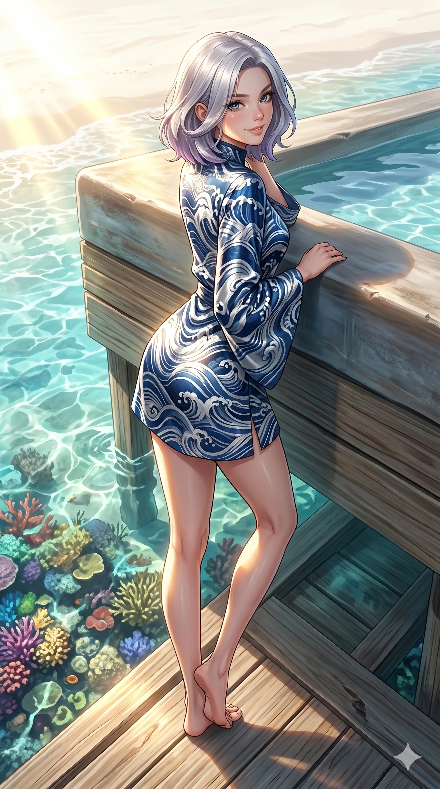 score_9, masterpiece, best quality, ultra-detailed, high-budget anime keyframe, editorial fashion photography, tasteful artistic composition, Caucasian woman, strictly human ears. low angle full-body shot from head to toe showing her feet, filling the entire 9:16 vertical frame with her statuesque presence, stretching her vertical silhouette. resting her elbow on the pool ledge, looking over her shoulder with a playful, teasing smile on a wooden deck over a shallow sea reef, with colorful coral visible below (Code-P19-025). She has an absolutely perfect 8-heads proportion, an exceptionally tall and slender female figure with impossibly long slender legs and an ultra-slim waist. V-shaped jawline, high-bridge nose, intricate jewel-like eyes with depth, thick eyelashes, glossy lips with a natural sheen. wearing a high-neck summer resort robe with long sleeves in a waves-patterned silk jacquard. lit by bright sunbeams reflecting off the white sand and casting sharp golden highlights. 2k, ultra detail, master piece, 9:16 ratio