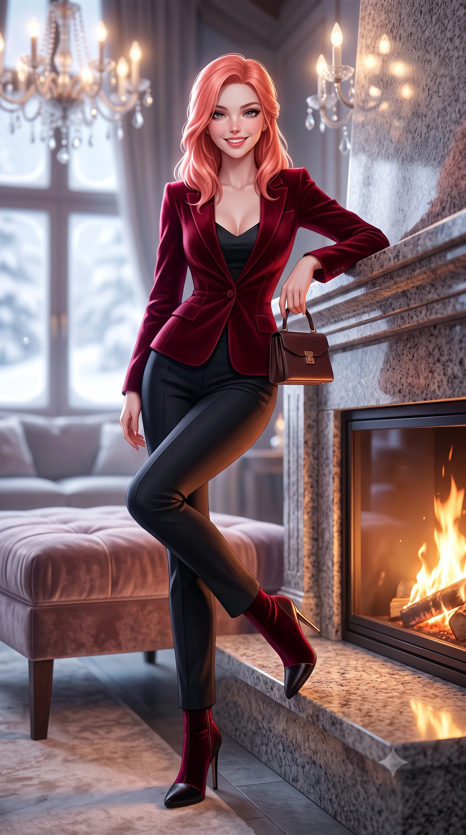 score_9, masterpiece, best quality, ultra-detailed, high-budget anime keyframe, semi-realistic 3D game render, editorial fashion photography, tasteful artistic composition, Japanese woman. low angle full-body shot from head to toe showing her feet, filling the entire 9:16 vertical frame with her statuesque presence, stretching her vertical silhouette. sitting gracefully on the plush bench with legs crossed and angled toward the camera, highlighting her long slender limbs and hourglass waist while leaning with effortless supermodel poise against the granite fireplace mantel, one boot resting lightly on the hearth ledge. The background shows a soft-focus crackling pinewood fire and crystal chandeliers softened in ultra-luxury Engadin winter sanctuary shallow focus. She has an exceptionally tall and slender model-like 8.5-heads proportion, an ultra-slim waist, a flat toned midriff, narrow delicate ribcage, and beautifully sculpted feminine hips creating a graceful, slim hourglass silhouette without any bulky heaviness, with impossibly long slender legs. sharp v-shaped jawline, high-bridge nose, intricate jewel-like sparkling eyes with depth, thick eyelashes, glossy parted lips with a natural peach sheen, bright cheerful beaming smile with an enchanting and coquettish sensual glint, exuding both youthful cute charm and seductive allure, flawlessly proportioned anatomical accuracy, strict slender model proportions, natural body alignment, perfectly sculpted long slender limbs, ultra-slim waistline, clean dynamic posture without body distortion. wearing a tailored corseted velvet blazer jacket worn closed over a tight-fitting silk camisole and sleek tailored cigarette pants in Kyoto autumn maple crimson and deep ink black, tailored from stretch wool crepe providing structured compression and razor-sharp bodycon lines, finished with a structured leather micro-bag held lightly at her hip, the liquid-tight tailored fabric clinging flawlessly to her narrow waist and rounded feminine hips, emphasizing every millimeter of her sculpted slim hourglass curves without any bulky heaviness. illuminated by brilliant snow reflection fill and sharp ice-crystal rim lights defining her razor-sharp jawline and tall slender frame. highly saturated vibrant anime colors, detailed shading with soft gradients, rich glossy textures, high-contrast stereoscopic depth, volumetric dynamic lighting, master piece, 9:16 ratio