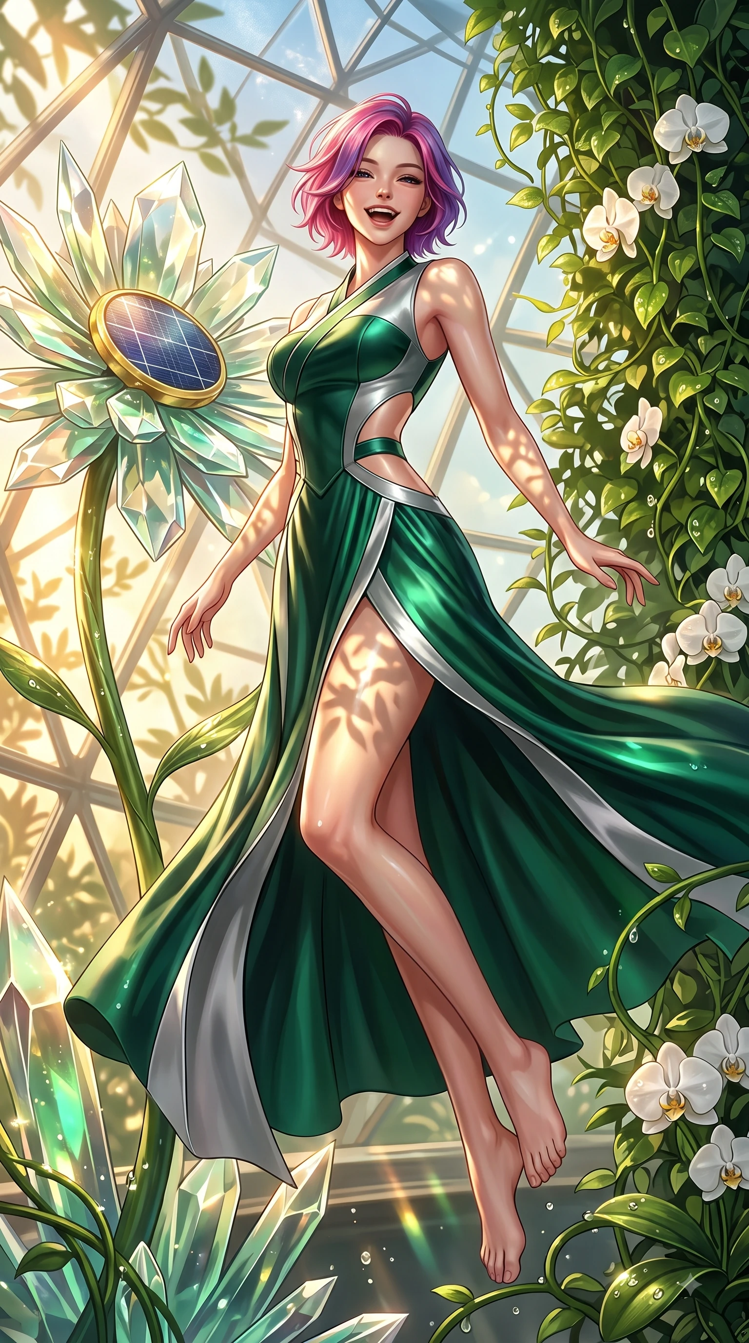 score_9, masterpiece, best quality, ultra-detailed, high-budget anime keyframe, editorial fashion photography, tasteful artistic composition, Caucasian woman. low angle full-body shot from head to toe showing her feet, filling the entire 9:16 vertical frame with her statuesque presence, stretching her vertical silhouette. pivoting dynamically in zero-gravity with a delighted laughing expression, displaying her perfect model proportions while resting cheerfully near a solar-powered crystal flower as warm sunlight streams through glass, dewdrops on lush green vines and white orchids reflecting radiant gold and emerald. She has an absolutely perfect, statuesque 8.5-heads proportion, an exceptionally tall and slender model-like female figure with impossibly long slender legs and an ultra-slim waist. sharp v-shaped jawline, high-bridge nose, intricate jewel-like eyes with depth, thick eyelashes, glossy lips with a natural sheen, flawlessly proportioned anatomical accuracy, natural body alignment, perfectly sculpted elegant limbs, clean dynamic posture without body distortion. wearing a modern fusion silk hanbok dress with a structured bodice and flowing skirt in deep emerald green and silver accent, crafted from lustrous satin jersey with fluid draping, featuring clean architectural cutouts along her slender torso, the form-contouring material highlighting her ultra-slim waist and long lines. illuminated by brilliant sunbeams casting cheerful organic leaf stencil shadows. ultra-reflective glossy finish, specular highlights, metallic sheen, high-contrast stereoscopic depth, volumetric dynamic lighting, 2k, ultra detail, master piece, 9:16 ratio
