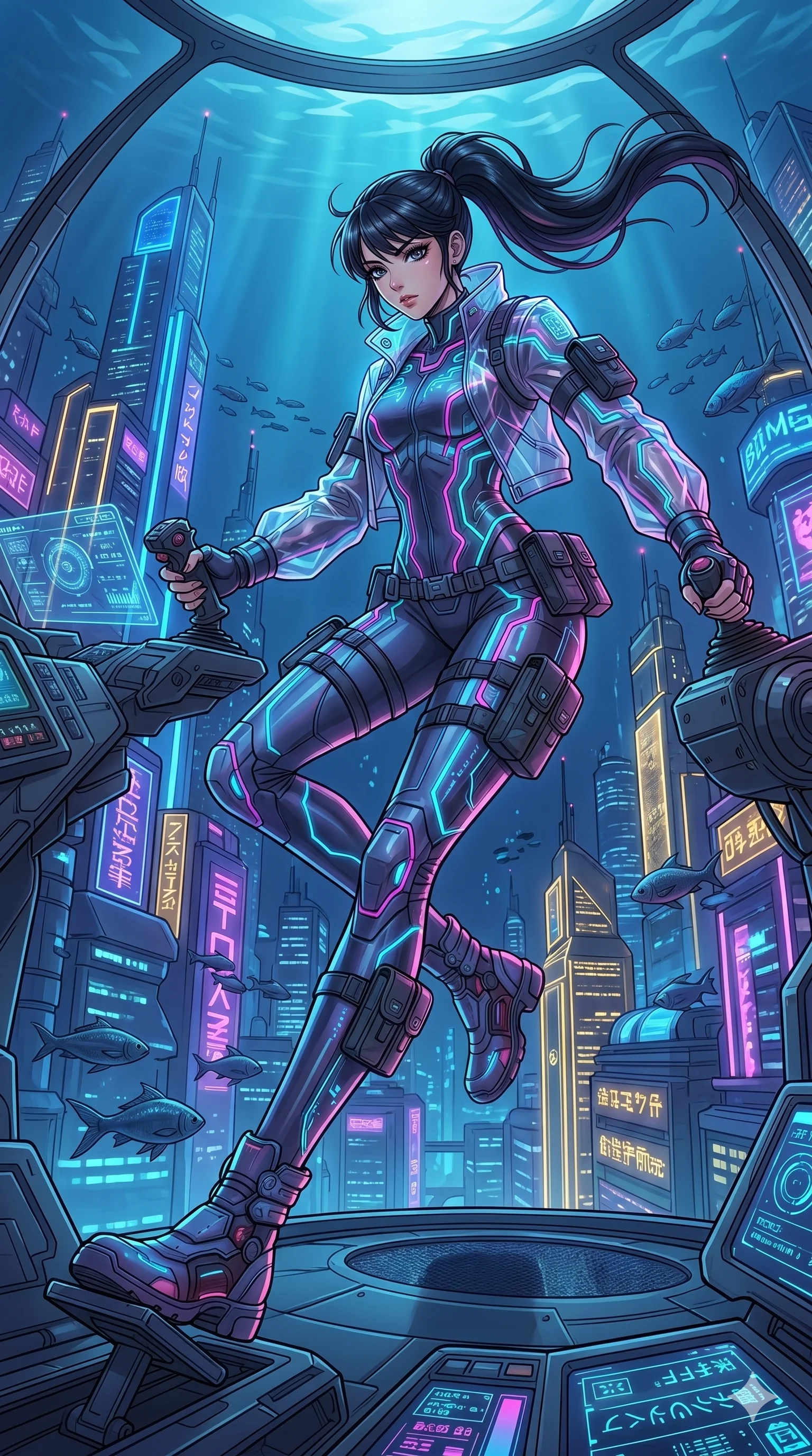 score_9, masterpiece, best quality, ultra-detailed, high-budget anime movie keyframe, cinematic anime lighting, intricate line art, Japanese woman. Dynamic full-body shot stretching the vertical silhouette with extreme perspective. piloting a underwater submersible through a submerged neon city. She has an absolutely perfect 8-heads proportion, an exceptionally tall and slender female figure with an ultra-slim waist and impossibly long slender legs. strictly human anatomy, two legs only, no extra limbs, clearly defined legs and arms, perfect anatomy, perfect hands and fingers. sharp v-shaped jawline, high-bridge nose, intricate jewel-like eyes, thick eyelashes, glossy lips. Wearing Tech-Fantasy: Cybernetic tech-suit with glowing seams, translucent PVC over leotard, and modular tactical gear. The scene is illuminated by dramatic atmospheric lighting and vibrant color palettes. , 2k, ultra detail, master piece, 9:16 ratio
