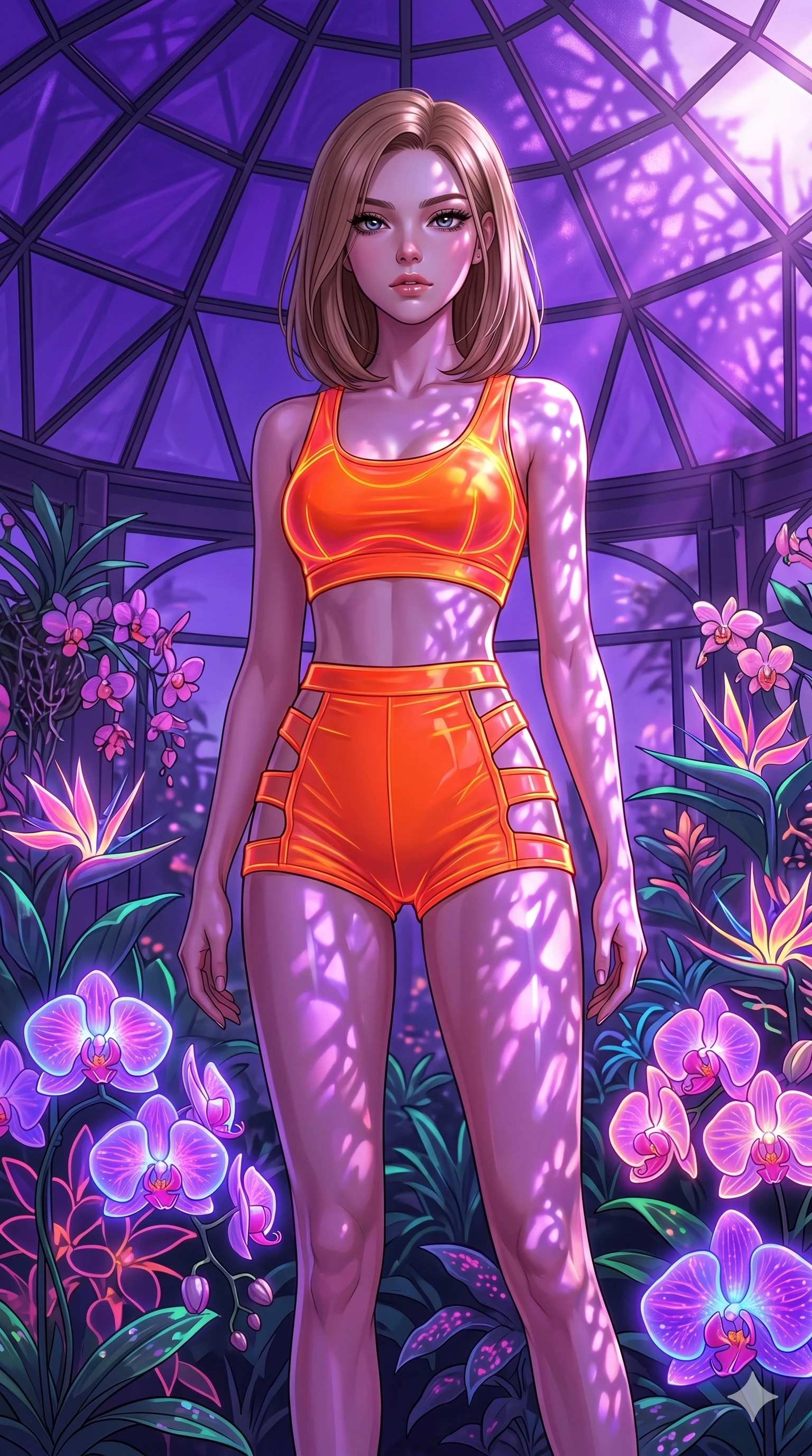 score_9, masterpiece, best quality, ultra-detailed, high-budget anime keyframe, editorial fashion photography, tasteful artistic composition, Korean woman. cowboy shot from the thighs up, character and outfit filling the frame for maximum editorial presence. standing among tropical neon orchids, looking at the viewer with an air of superiority in a futuristic greenhouse under a dome of purple glass (Code-P16-065). She has an absolutely perfect 8-heads proportion, an exceptionally tall and slender female figure with impossibly long slender legs and an ultra-slim waist. V-shaped jawline, high-bridge nose, intricate jewel-like eyes with depth, thick eyelashes, glossy lips with a natural sheen. wearing a neon orange filament crop top and high-waisted shorts with side cutout straps. drenched in brilliant morning sunshine, casting violet-pink patterns on her skin. 2k, ultra detail, master piece, 9:16 ratio
