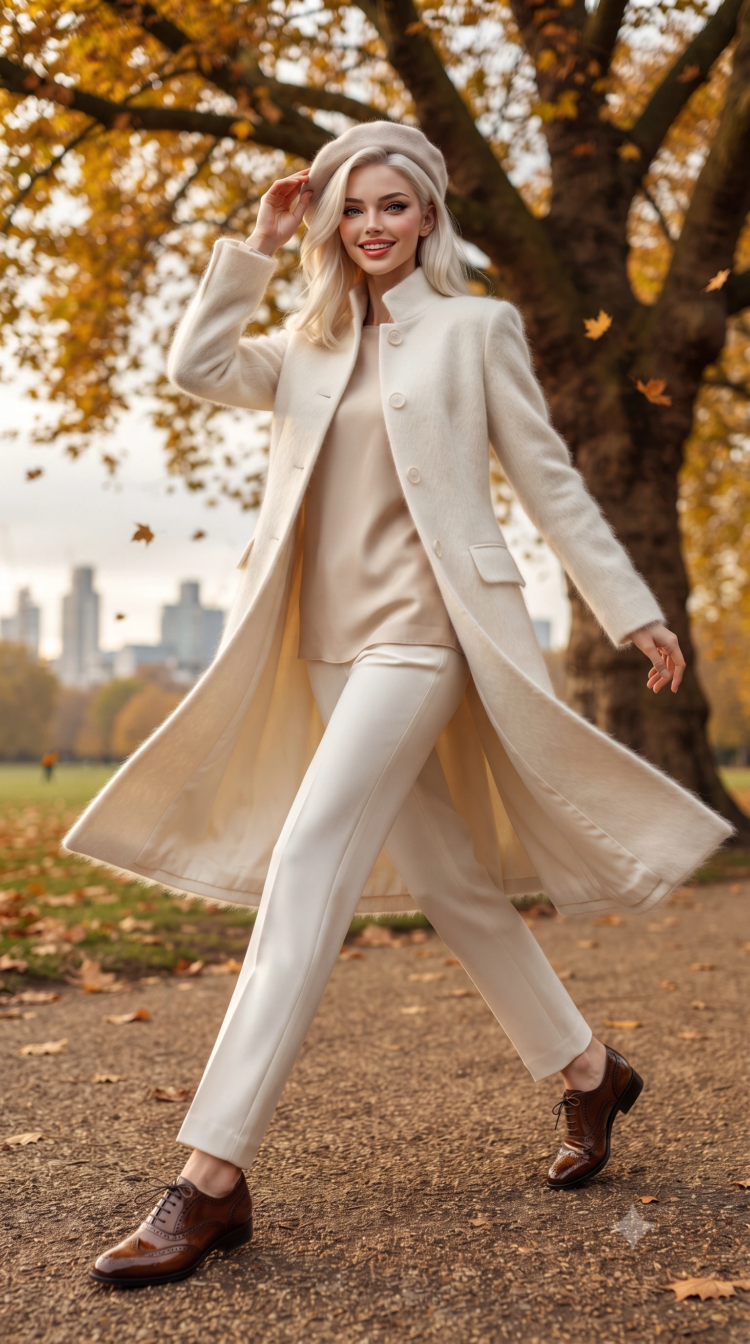 score_9, masterpiece, best quality, ultra-detailed, high-budget anime keyframe, editorial fashion photography, tasteful artistic composition, Caucasian woman. low angle full-body shot from head to toe showing her feet, filling the entire 9:16 vertical frame with her statuesque presence, stretching her vertical silhouette. stepping forward gracefully in mid-motion with a radiant beaming smile, her long tailored coat fluttering around her slender legs while pausing beneath a monumental golden beech tree, one hand lightly holding her wool beret as an autumn breeze sweeps by. The background shows a soft-focus distant London skyline spires softened in quintessential British autumn shallow focus. She has an exceptionally tall and slender model-like 8.5-heads proportion, an ultra-slim waist, a flat toned midriff, narrow delicate ribcage, and beautifully sculpted feminine hips creating a graceful, slim hourglass silhouette without any bulky heaviness, with impossibly long slender legs. sharp v-shaped jawline, high-bridge nose, intricate jewel-like sparkling eyes with depth, thick eyelashes, glossy parted lips with a natural peach sheen, bright cheerful beaming smile with an enchanting and coquettish sensual glint, exuding both youthful cute charm and seductive allure, flawlessly proportioned anatomical accuracy, strict slender model proportions, natural body alignment, perfectly sculpted long slender limbs, ultra-slim waistline, clean dynamic posture without body distortion. wearing a stand-collar tailored linen-silk coat layered over a minimalist silk tunic and straight-leg pressed trousers in Swiss alpine snow white and oat cashmere, woven from plush alpaca yarn with a cloud-like fuzzy texture and soft halo, complemented by classic polished leather oxfords with brogue perforations, the precision-cut high-waisted tailoring accentuating her ultra-slim waist and long slender leg line with immaculate aristocratic poise. illuminated by lake water shimmer fill and rich copper-gold rim lights defining her razor-sharp jawline and tall slender figure. ultra-reflective glossy finish, specular highlights, rich textural contrasts, high-contrast stereoscopic depth, volumetric dynamic lighting, 2k, ultra detail, master piece, 9:16 ratio