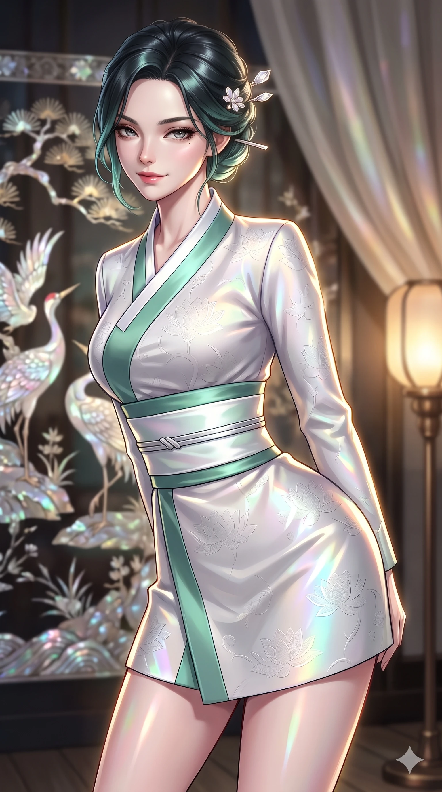 score_9, masterpiece, best quality, ultra-detailed, high-budget anime keyframe, editorial fashion photography, tasteful artistic composition, Japanese woman. close-up cowboy shot from the waist and thighs up, the character dominates the composition, filling the frame with her large presence. leaning forward while arching her lower back to accentuate her curvy hips, looking into the camera with an intoxicating smoldering gaze and bedroom-eyes while twisting her slender torso in an alluring contrapposto stance, rainbow mother-of-pearl reflections contouring her waist and hips. The background shows a soft-focus glistening mother-of-pearl cranes and pine inlay patterns, bronze floor lamps, and silk drapes blurred into iridescent pearl, amber, and obsidian bokeh. She has an exceptionally elegant, slender, and willowy female figure with an ultra-slim waist, flat toned midriff, narrow ribcage, and sculpted feminine hips creating an alluring, slim hourglass silhouette without bulk. sharp v-shaped jawline, high-bridge nose, sparkling eyes with hypnotic seductive depth, thick curled eyelashes, glossy parted lips with a natural dewy peach sheen, alluring bedroom-eyes with an enchanting coquettish smile, exuding magnetic siren charisma and sophisticated glamour, flawlessly proportioned anatomical accuracy, strict slender model proportions, natural body alignment, perfectly sculpted long slender limbs, ultra-slim waistline, clean dynamic posture without body distortion. wearing a structured minimalist hanbok wrap coat dress with clean geometric lines and a wide formal sash in moonlit jade green and pure alabaster white with silver accents, tailored from rich silk jacquard with subtle embossed lotus blossom patterns, finished with delicate mother-of-pearl hairpin ornaments glinting in her dark glossy hair, the bespoke structured tailoring following the natural line of her 8.5-heads silhouette with refined elegance. illuminated by mother-of-pearl screen iridescence bounce and sharp gold-pearl rim lights sculpting her razor-sharp jawline, narrow waist, and curvy hips. ultra-reflective glossy finish, specular highlights, rich textural contrasts, high-contrast stereoscopic depth, volumetric dynamic lighting, 2k, ultra detail, master piece, 9:16 ratio