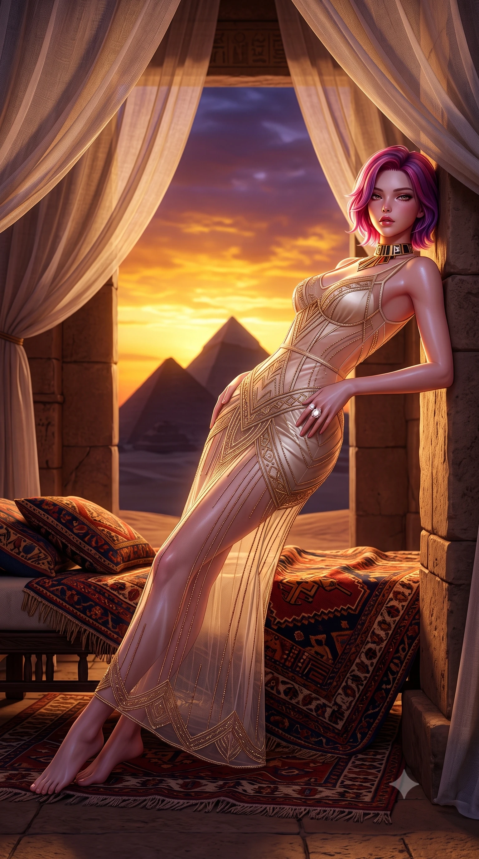 score_9, masterpiece, best quality, ultra-detailed, high-budget anime keyframe, semi-realistic 3D game render, editorial fashion photography, tasteful artistic composition, Caucasian woman. low angle full-body shot from head to toe showing her feet, filling the entire 9:16 vertical frame with her statuesque presence, stretching her vertical silhouette. leaning deep against the structural architecture with hips cocked in an unapologetically bold, seductive high-fashion stance while reclining across a low daybed draped in Egyptian kilims under billowing linen canopies, arching her back as the Great Pyramids silhouette against an amber sky. The surrounding environment is rendered in vivid detail and crisp panoramic clarity. detailed gold thread embroidery on dress, desert sun specular highlights on skin, and Giza plateau clarity in high resolution. She has an exceptionally tall and slender model-like 8.5-heads proportion, an ultra-slim waist, a flat toned midriff, narrow delicate ribcage, and beautifully sculpted feminine hips creating a graceful, slim hourglass silhouette without any bulky heaviness, with impossibly long slender legs. sharp v-shaped jawline, high-bridge nose, intricate jewel-like eyes with depth, thick eyelashes, glossy parted lips with a natural sheen, intensely captivating and seductive bedroom-eyes expression, flawlessly proportioned anatomical accuracy, strict slender model proportions, natural body alignment, perfectly sculpted long slender limbs, ultra-slim waistline, clean dynamic posture without body distortion. wearing a sheer vintage mesh flapper dress adorned with intricate geometric beadwork over an opaque silk slip in vintage champagne ivory and delicate rose gold, made of fluid silk crepe with delicate inner corsetry boning, complemented by a bold geometric choker and sparkling cocktail ring, the form-contouring material adhering flawlessly to her sculpted flat midriff and slender torso, emphasizing her long leg lines and perfectly proportioned willowy build. bathed in breathtaking desert sunset backlighting in molten gold and deep violet tones. highly saturated vibrant anime colors, detailed shading with soft gradients, rich glossy textures, high-contrast stereoscopic depth, volumetric dynamic lighting, master piece, 9:16 ratio