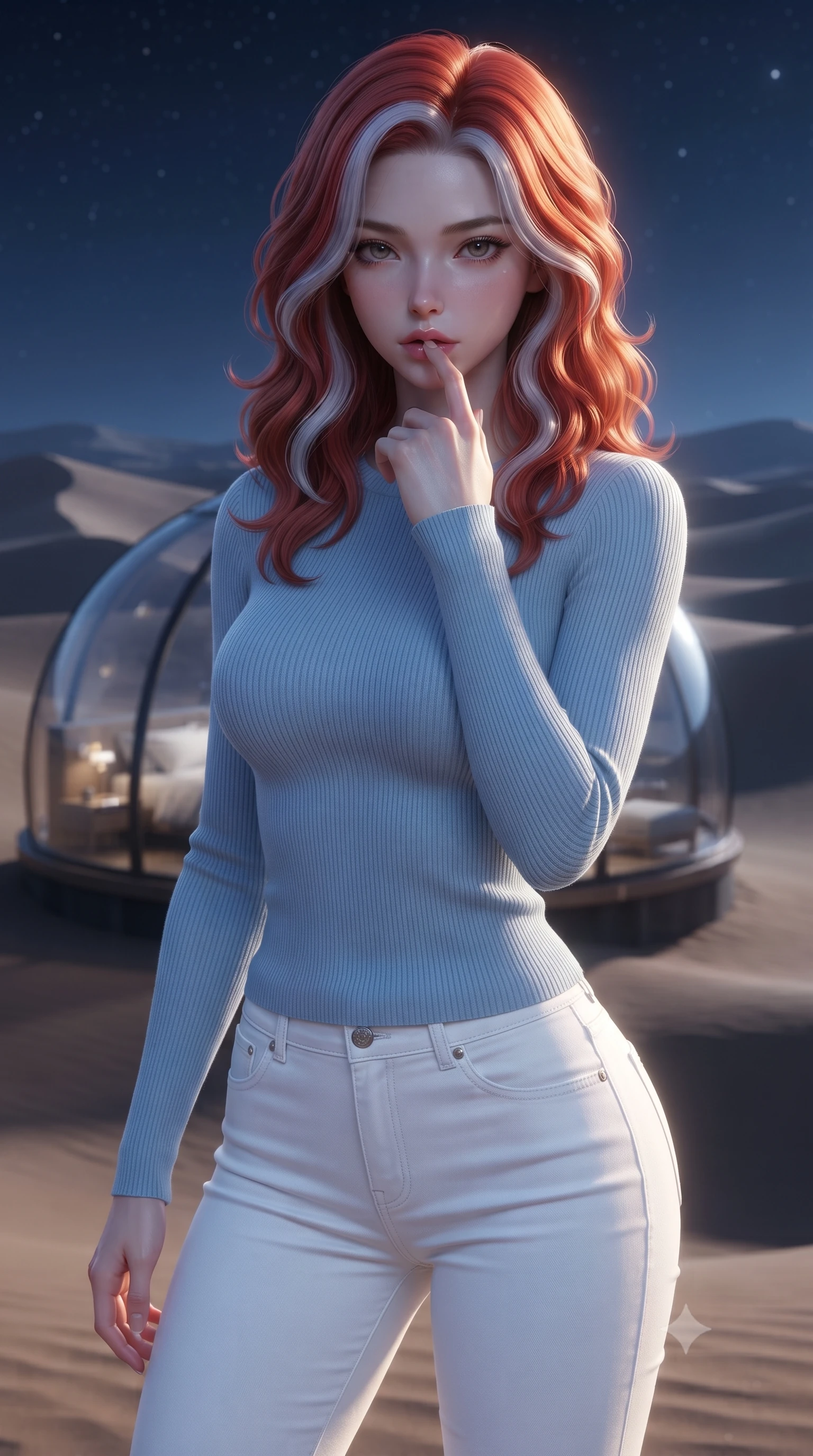 score_9, masterpiece, best quality, ultra-detailed, high-budget anime keyframe, editorial fashion photography, tasteful artistic composition, Caucasian woman. close-up cowboy shot from the waist and thighs up, the character dominates the composition, filling the frame with her large presence, background elements kept in soft focus. pressing one finger to her bottom lip in a thoughtful, seductive gesture under the warm sun the background shows a soft-focus a private glass dome bedroom built in the middle of a vast sand desert at night. She has an exceptionally elegant, slender, and willowy female figure with an ultra-slim waist, a gracefully sculpted slender torso, and a refined silhouette. sharp v-shaped jawline, high-bridge nose, intricate jewel-like eyes with depth, thick eyelashes, glossy lips with a natural sheen. wearing a tailored body-hugging light blue ribbed long-sleeve top paired with tight white denim pants. soft silver moonlight wrapping her silhouette in a cool cosmic glow. ultra-reflective glossy finish, specular highlights, metallic sheen, high-contrast stereoscopic depth, volumetric dynamic lighting, 2k, ultra detail, master piece, 9:16 ratio