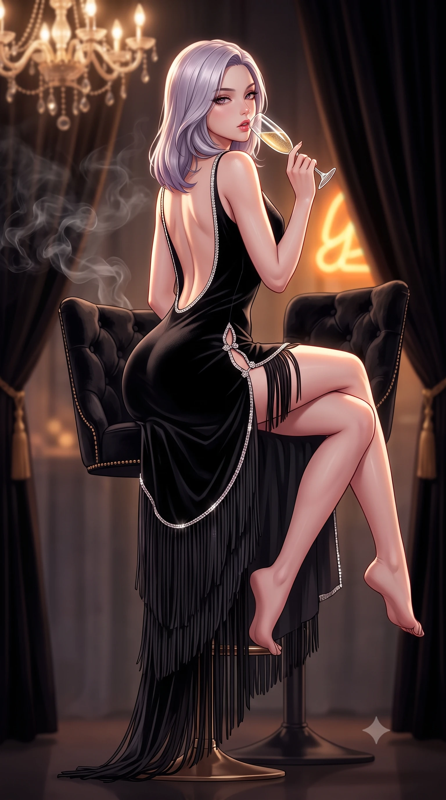 score_9, masterpiece, best quality, ultra-detailed, high-budget anime keyframe, semi-realistic 3D game render, editorial fashion photography, tasteful artistic composition, Caucasian woman. low angle full-body shot from head to toe showing her feet, filling the entire 9:16 vertical frame with her statuesque presence, stretching her vertical silhouette. posing with back turned slightly to the lens, glancing back with smoldering allure as she arches her lower back to emphasize her sculpted feminine hips and slender waist while sitting high on a tufted black velvet barstool with legs crossed, arching her lower back while holding a crystal champagne flute to her lips. The composition keeps background elements in soft focus with creamy bokeh. drifting cigar smoke wisps and dark velvet draperies softened in luxurious 1920s shallow focus. She has an absolutely perfect, statuesque 8.5-heads proportion, an exceptionally tall and slender model-like female figure with impossibly long slender legs, a toned flat midriff, an ultra-slim waist, and beautifully sculpted feminine hips. sharp v-shaped jawline, high-bridge nose, intricate jewel-like eyes with depth, thick eyelashes, glossy parted lips with a natural sheen, intensely captivating and seductive bedroom-eyes expression, flawlessly proportioned anatomical accuracy, strict slender model proportions, natural body alignment, perfectly sculpted long slender limbs, ultra-slim waistline, clean dynamic posture without body distortion. wearing a 1920s backless silk fringe flapper dress with a deep scooped back and shimmering tiered tassels dancing around her hips in pitch black velvet with glittering diamond trim, woven from airy multi-layered silk chiffon with tiered fringe tassels, finished with an ultra-high side slit secured by miniature jeweled clasps, the precision-cut side openings and low-back scoop framing her graceful spine and the sensual sweep of her hips. bathed in warm incandescent chandelier warmth and vintage amber neon glow. highly saturated vibrant anime colors, detailed shading with soft gradients, rich glossy textures, high-contrast stereoscopic depth, volumetric dynamic lighting, master piece, 9:16 ratio
