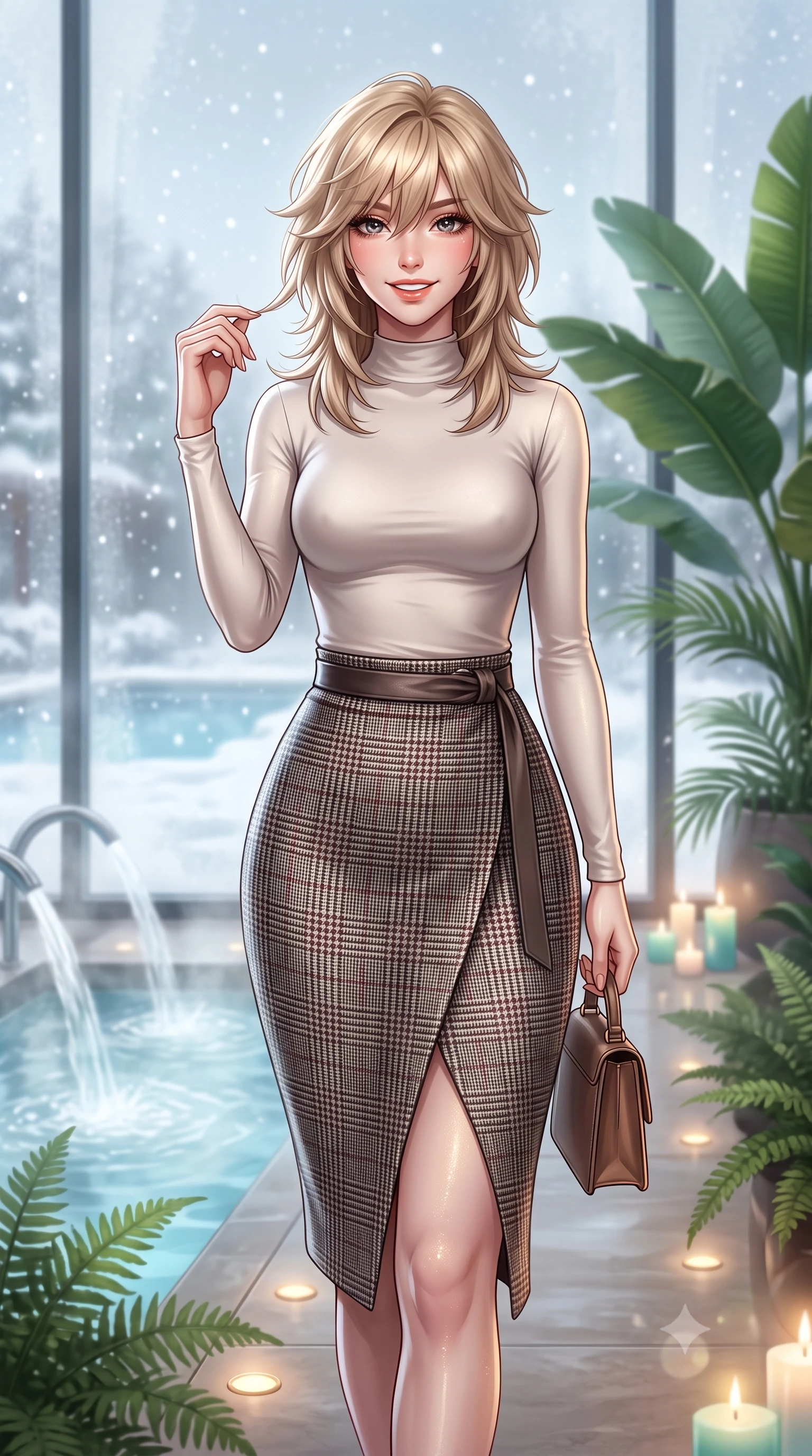 score_9, masterpiece, best quality, ultra-detailed, high-budget anime keyframe, semi-realistic 3D game render, editorial fashion photography, tasteful artistic composition, Japanese woman. close-up cowboy shot from the waist and thighs up, the character dominates the composition, filling the frame with her large presence. twisting her slender torso in an alluring contrapposto stance, one hand toying with her hair while her gaze radiates magnetic charm while walking past steaming indoor hydrotherapy fountains toward the glass wall looking out at falling snow, turning with radiant poise. The background shows a soft-focus steaming outdoor snow pools seen through glass, lush indoor banana palms and ferns, and soft candlelight blurred into jade, azure, and vaporous white bokeh. She has an exceptionally elegant, slender, and willowy female figure with an ultra-slim waist, flat toned midriff, narrow ribcage, and sculpted feminine hips creating an alluring, slim hourglass silhouette without bulk. sharp v-shaped jawline, high-bridge nose, intricate jewel-like sparkling eyes with depth, thick eyelashes, glossy parted lips with a natural peach sheen, bright cheerful beaming smile with an enchanting and coquettish sensual glint, exuding both youthful cute charm and seductive allure, flawlessly proportioned anatomical accuracy, strict slender model proportions, natural body alignment, perfectly sculpted long slender limbs, ultra-slim waistline, clean dynamic posture without body distortion. wearing a tight-fitting mock-neck silk jersey top paired with a high-waisted wrap pencil skirt cinched with an obi-inspired leather belt in classic glen plaid monochrome with subtle wine red accent, woven from stretch metallic lurex knit casting subtle luminous champagne glints across her contours, finished with a structured leather micro-bag held lightly at her hip, the second-skin tailored fabric adhering flawlessly to her sculpted flat midriff and slender torso, emphasizing her long leg lines and perfectly proportioned willowy build. bathed in calm diffused winter daylight filtering through steamy glass panes combined with warm 2800K recessed floor lights. highly saturated vibrant anime colors, detailed shading with soft gradients, rich glossy textures, high-contrast stereoscopic depth, volumetric dynamic lighting, master piece, 9:16 ratio