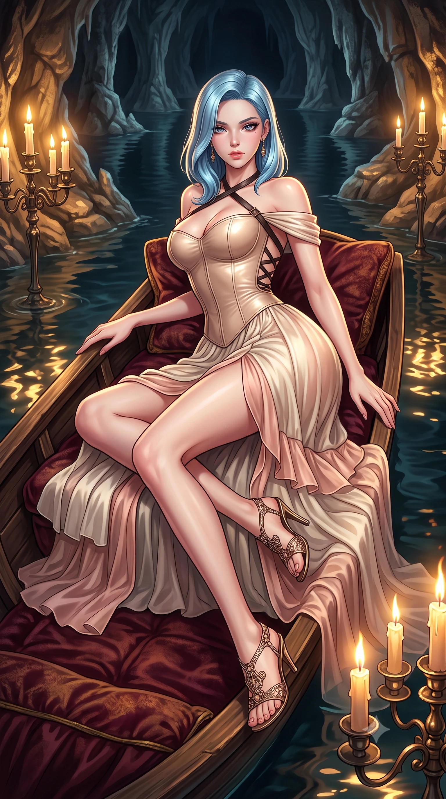 score_9, masterpiece, best quality, ultra-detailed, high-budget anime keyframe, semi-realistic 3D game render, editorial fashion photography, tasteful artistic composition, Korean woman. low angle full-body shot from head to toe showing her feet, filling the entire 9:16 vertical frame with her statuesque presence, stretching her vertical silhouette. reclining on her side in an elegant Cleopatra pose with one knee drawn up, the dramatic contour of her rounded hips and long slender legs commanding the 9:16 vertical frame while reclining languidly on an antique velvet-lined skiff floating on the subterranean black lake, arching her spine with one knee bent as candlelight traces her curvy hips. The surrounding environment is rendered in vivid detail and crisp panoramic clarity. intense theatrical chiaroscuro and decadent gothic romance aesthetics rendered with precision. She has an exceptionally tall and slender model-like 8.5-heads proportion, an ultra-slim waist, a flat toned midriff, narrow delicate ribcage, and beautifully sculpted feminine hips creating a graceful, slim hourglass silhouette without any bulky heaviness, with impossibly long slender legs. sharp v-shaped jawline, high-bridge nose, intricate jewel-like eyes with depth, thick eyelashes, glossy parted lips with a natural sheen, intensely captivating and seductive bedroom-eyes expression, flawlessly proportioned anatomical accuracy, strict slender model proportions, natural body alignment, perfectly sculpted long slender limbs, ultra-slim waistline, clean dynamic posture without body distortion. wearing an off-shoulder French court corset bodice dress paired with a tiered translucent chiffon slit skirt in vintage champagne ivory and delicate rose gold, formed from supple second-skin lambskin leather with specular sheen, featuring an open-back criss-cross harness strap in dark leather, the form-contouring material adhering flawlessly to her sculpted flat midriff and slender torso, emphasizing her long leg lines and perfectly proportioned willowy build. bathed in warm golden candelabra flicker from all sides and soft subterranean lake water reflections. highly saturated vibrant anime colors, detailed shading with soft gradients, rich glossy textures, high-contrast stereoscopic depth, volumetric dynamic lighting, master piece, 9:16 ratio