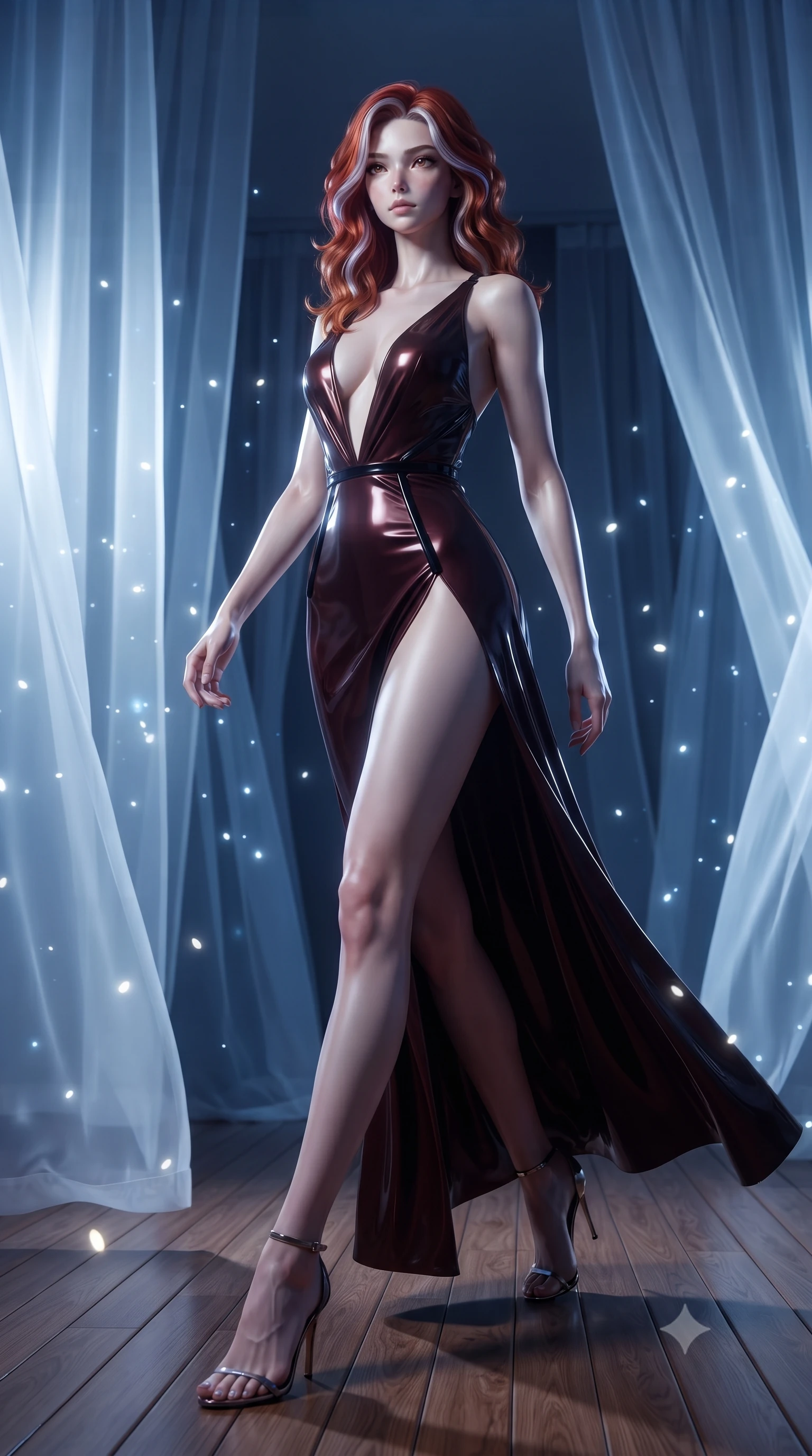 score_9, masterpiece, best quality, ultra-detailed, high-budget anime keyframe, editorial fashion photography, tasteful artistic composition, Caucasian woman. low angle full-body shot from head to toe showing her feet, filling the entire 9:16 vertical frame with her statuesque presence, stretching her vertical silhouette. interacting with glowing light particles, her long slender legs poised in motion, walking across a polished teak floor surrounded by floating sheer white curtains, impossibly long slender legs emphasized by a high thigh-slit outfit. She has an absolutely perfect, statuesque 8.5-heads proportion, an exceptionally tall and slender model-like female figure with impossibly long slender legs and an ultra-slim waist. sharp v-shaped jawline, high-bridge nose, intricate jewel-like eyes with depth, thick eyelashes, glossy lips with a natural sheen. wearing deep plunging V-neckline midnight gown with daring high thigh slit in dark mahogany, made of high-gloss liquid vinyl, adorned with minimalist black onyx hardware framing the silhouette, accentuating her gracefully sculpted slender torso. bathed in dramatic nocturnal blue and silver contrast lighting. ultra-reflective glossy finish, specular highlights, metallic sheen, high-contrast stereoscopic depth, volumetric dynamic lighting, 2k, ultra detail, master piece, 9:16 ratio