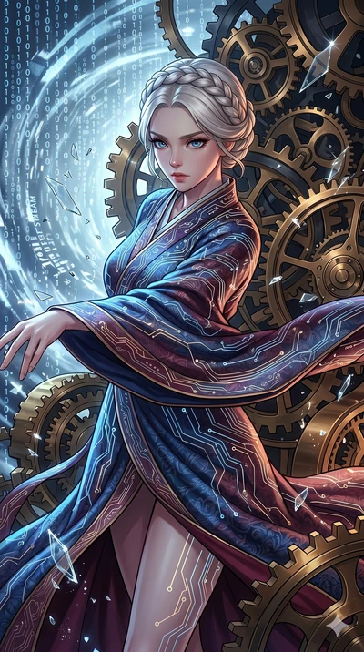 score_9, masterpiece, best quality, ultra-detailed, Set A: High-budget Anime Keyframe, Caucasian (strictly human ears) woman. Upper body close-up from the thighs up, character filling the screen for maximum presence. Dancing through a throne of gears