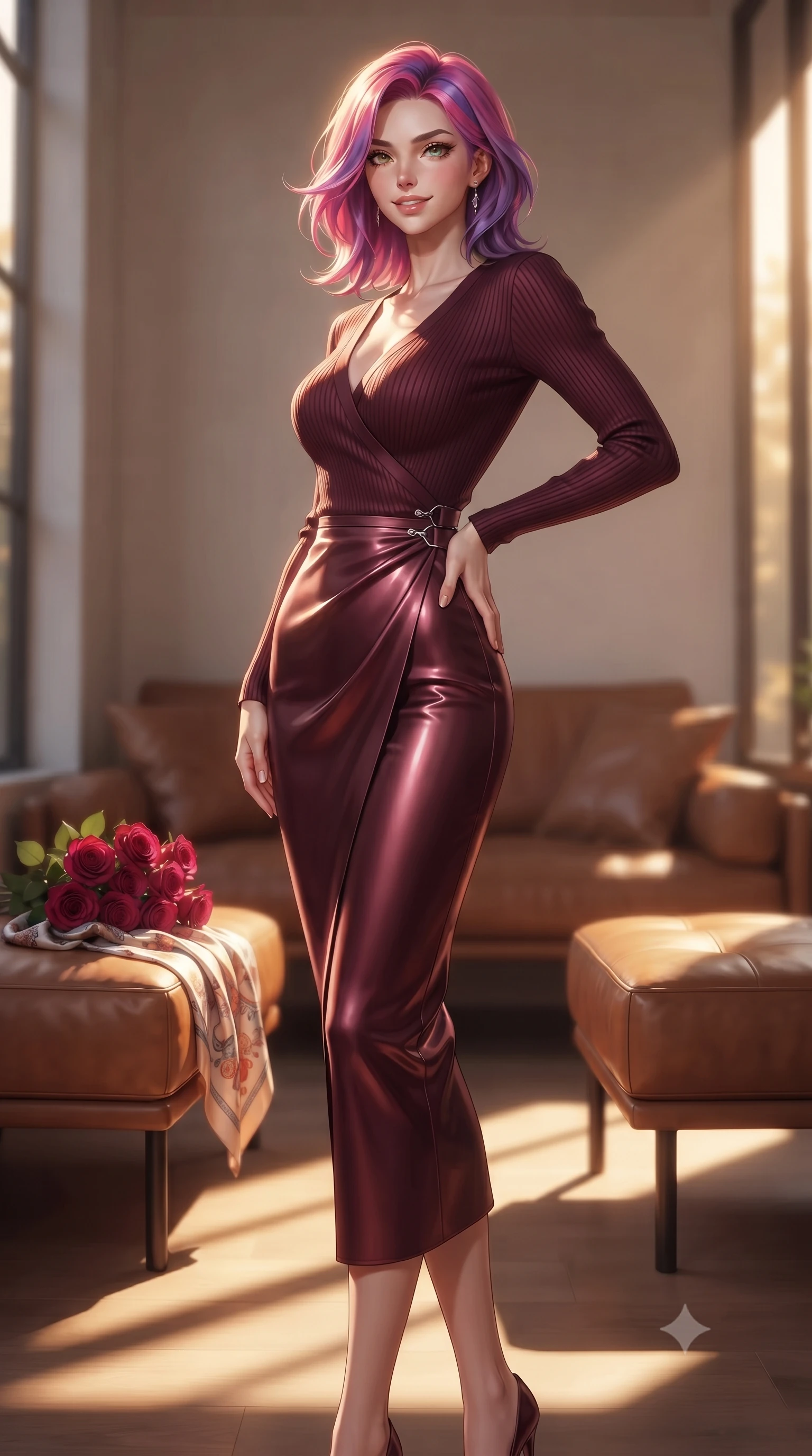 score_9, masterpiece, best quality, ultra-detailed, high-budget anime keyframe, editorial fashion photography, tasteful artistic composition, Caucasian woman. low angle full-body shot from head to toe showing her feet, filling the entire 9:16 vertical frame with her statuesque presence, stretching her vertical silhouette. standing in a captivating power pose with her back slightly arched, resting one hand near her hip with a magnetic smile set against a soft-focus background of inside an exclusive sunroom alcove with a bouquet of crimson roses and a silk scarf resting on the leather seat. She has an absolutely perfect, statuesque 8.5-heads proportion, an exceptionally tall and slender model-like female figure with impossibly long slender legs and an ultra-slim waist. sharp v-shaped jawline, high-bridge nose, intricate jewel-like eyes with depth, thick eyelashes, glossy lips with a natural sheen. wearing body-hugging deep burgundy ribbed cashmere sleek long-sleeve silk wrap dress contouring her ultra-slim waist elegantly accented with delicate silver hardware. bathed in warm golden hour sunbeams that cast long, romantic shadows across the floor. ultra-reflective glossy finish, specular highlights, metallic sheen, high-contrast stereoscopic depth, volumetric dynamic lighting, 2k, ultra detail, master piece, 9:16 ratio