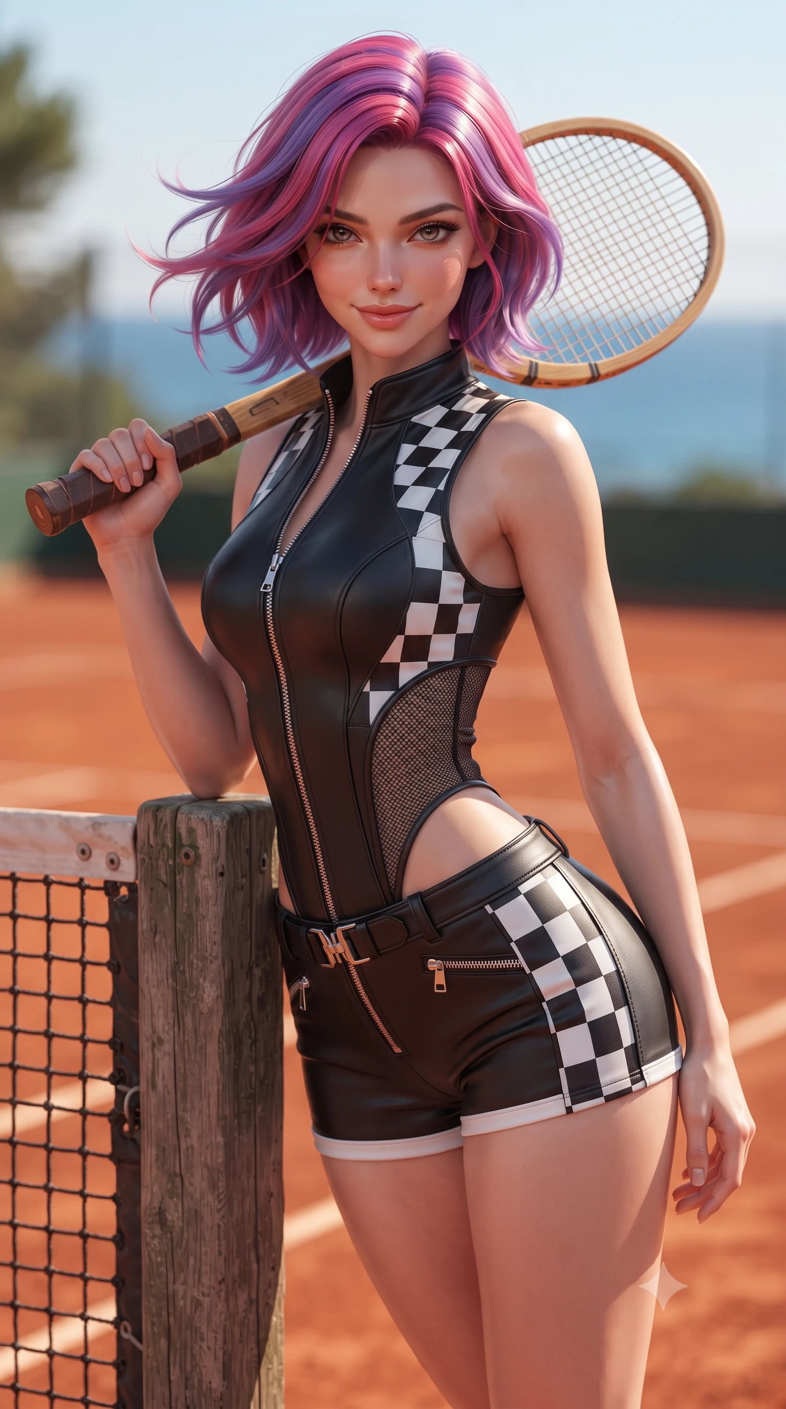 score_9, masterpiece, best quality, ultra-detailed, high-budget anime keyframe, editorial fashion photography, tasteful artistic composition, Caucasian woman. close-up cowboy shot from the waist and thighs up, the character dominates the composition, filling the frame with her large presence. turning slowly with a smoldering smile, her glossy hair tossing in the breeze as her hips angle gracefully in a captivating contrapposto while leaning against the tennis net post with a wooden racket resting on her shoulder, arching her spine with athletic supermodel grace overlooking the Mediterranean. The background shows a soft-focus the vibrant terracotta red clay tennis courts and the sapphire Mediterranean Sea blurred into rich ochre, azure, and rose-gold bokeh. She has an exceptionally elegant, slender, and willowy female figure with an ultra-slim waist, flat toned midriff, narrow ribcage, and sculpted feminine hips creating an alluring, slim hourglass silhouette without bulk. sharp v-shaped jawline, high-bridge nose, sparkling eyes with athletic focus and depth, thick curled eyelashes, glossy parted lips with a natural coral-peach sheen, bright confident and coquettish smile with alluring bedroom-eyes, exuding both youthful sporty vigor and sovereign high-society glamour, flawlessly proportioned anatomical accuracy, strict slender model proportions, natural body alignment, perfectly sculpted long slender limbs, ultra-slim waistline, clean dynamic posture without body distortion. wearing a cut-out racing bodysuit with side-torso mesh inserts and low-rise tailored tennis shorts in matte obsidian black and checkered flag white, crafted from supple buttery lambskin racing leather with a satin sheen, finished with polished chrome zipper pulls and racing harness buckle hardware, the glove-like aerodynamic silhouette tightly following the natural contour of her hips and long slender legs with youthful 8.5-heads elegance. illuminated by clay bounce warmth and sharp amber rim lighting defining her sculpted collarbones, ultra-slim waist, and curvy hips. ultra-reflective glossy finish, specular highlights, rich textural contrasts, high-contrast stereoscopic depth, volumetric dynamic lighting, 2k, ultra detail, master piece, 9:16 ratio