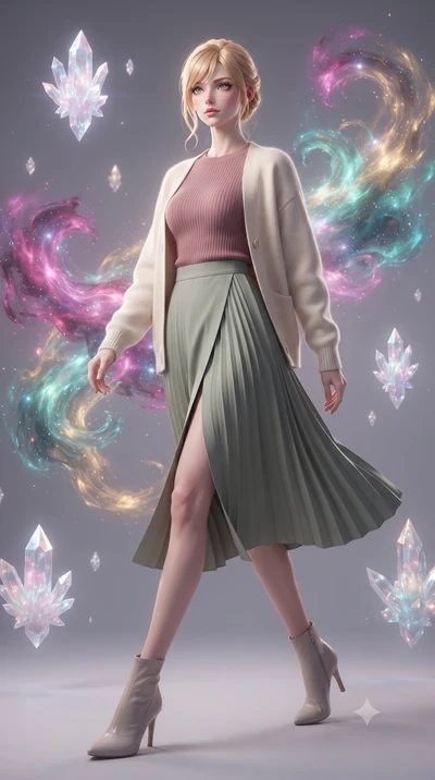 score_9, masterpiece, best quality, ultra-detailed, high-budget anime keyframe, editorial fashion photography, tasteful artistic composition, Caucasian woman, strictly human ears. low angle full-body shot from head to toe showing her feet, filling th