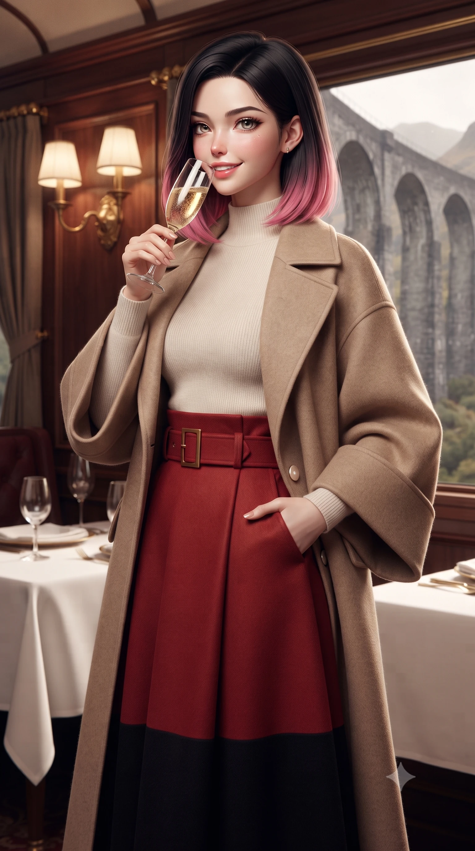 score_9, masterpiece, best quality, ultra-detailed, high-budget anime keyframe, editorial fashion photography, tasteful artistic composition, Korean woman. close-up cowboy shot from the waist and thighs up, the character dominates the composition, filling the frame with her large presence. standing poised with one hand slipped into her tailored trouser pocket, head tilted in a friendly, engaging expression while sipping champagne from a fluted glass as the train crosses a monumental stone viaduct, her tailored wool ensemble radiating old-world luxury. The background shows a soft-focus polished train car interior brass sconces and white linen table settings softened in vintage luxury rail romance shallow focus. She has an exceptionally elegant, slender, and willowy female figure with an ultra-slim waist, flat toned midriff, narrow ribcage, and sculpted feminine hips creating an alluring, slim hourglass silhouette without bulk. sharp v-shaped jawline, high-bridge nose, intricate jewel-like sparkling eyes with depth, thick eyelashes, glossy parted lips with a natural peach sheen, bright cheerful beaming smile with an enchanting and coquettish sensual glint, exuding both youthful cute charm and seductive allure, flawlessly proportioned anatomical accuracy, strict slender model proportions, natural body alignment, perfectly sculpted long slender limbs, ultra-slim waistline, clean dynamic posture without body distortion. wearing an elegant tailored wool trench with kimono-inspired wide sleeves worn over an ivory mock-neck sweater and long skirt in Kyoto autumn maple crimson and deep ink black, crafted from ultra-soft Mongolian cashmere with exquisite insulating warmth and tactile softness, finished with fine mother-of-pearl cuff buttons catching the soft ambient light, the structured cinched belt emphasizing her narrow waistline and gracefully balanced proportions with timeless haute-couture polish. illuminated by cherrywood interior reflection fill and sharp silver-gold rim lights defining her razor-sharp jawline and willowy silhouette. ultra-reflective glossy finish, specular highlights, rich textural contrasts, high-contrast stereoscopic depth, volumetric dynamic lighting, 2k, ultra detail, master piece, 9:16 ratio