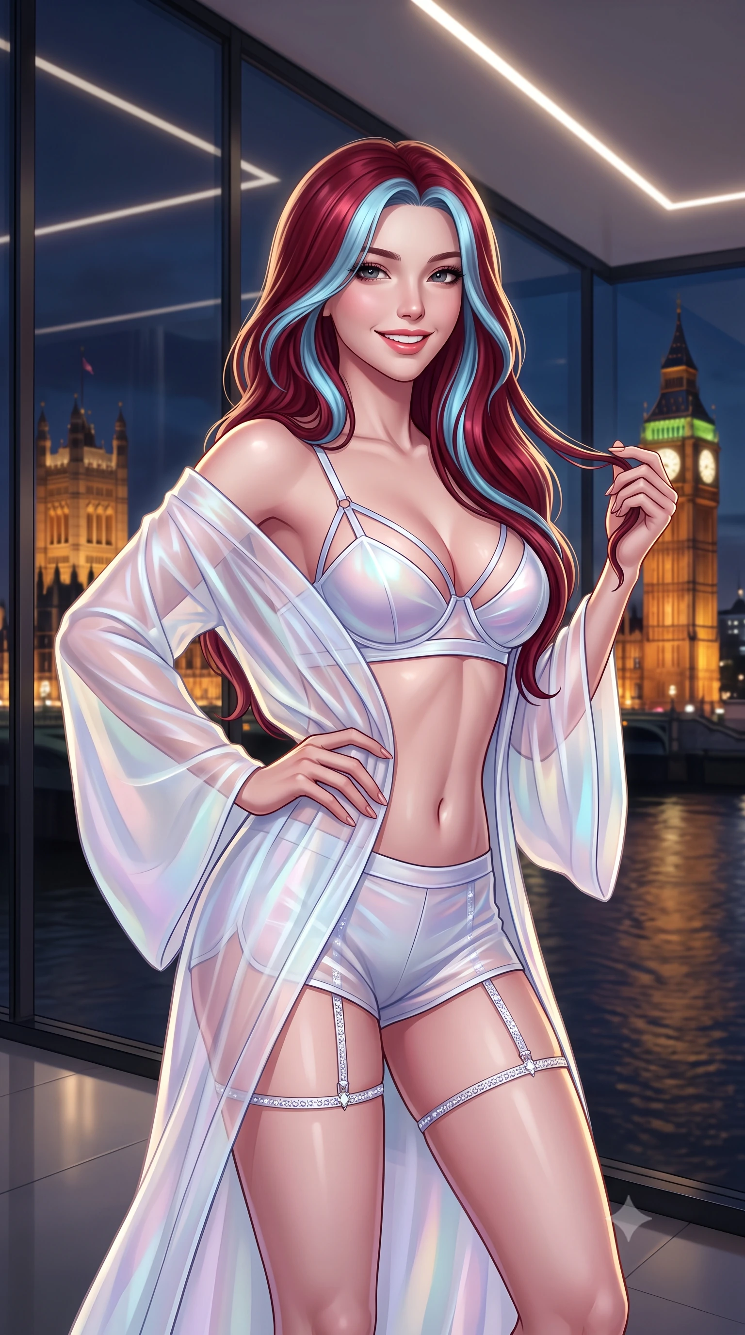 score_9, masterpiece, best quality, ultra-detailed, high-budget anime keyframe, semi-realistic 3D game render, editorial fashion photography, tasteful artistic composition, Caucasian woman. close-up cowboy shot from the waist and thighs up, the character dominates the composition, filling the frame with her large presence. twisting her slender torso in an alluring contrapposto stance, one hand resting on her sculpted hip while her fingers toy with her hair with effortless poise while standing poised beside the double-height glass facade overlooking the Thames, arching her spine as illuminated Big Ben and the Houses of Parliament glow across the river. The background shows a soft-focus linear ceiling LED strips softened in ultra-modern London riverfront aerie shallow focus. She has an exceptionally elegant, slender, and willowy female figure with an ultra-slim waist, flat toned midriff, narrow ribcage, and sculpted feminine hips creating an alluring, slim hourglass silhouette without bulk. sharp v-shaped jawline, high-bridge nose, intricate jewel-like sparkling eyes with depth, thick eyelashes, glossy parted lips with a natural peach sheen, bright cheerful beaming smile with an enchanting and coquettish sensual glint, exuding both youthful cute charm and seductive allure, flawlessly proportioned anatomical accuracy, strict slender model proportions, natural body alignment, perfectly sculpted long slender limbs, ultra-slim waistline, clean dynamic posture without body distortion. wearing an ethereal translucent silk chiffon yukata robe slipping off bare shoulders over a strappy underwire bralette and micro-shorts in pure translucent crystal white and iridescent opal, woven from buttery-soft stretch lambskin leather adhering to her body like a second skin, finished with delicate crystal-encrusted thigh garter straps glinting in the dim light, the liquid-tight tailored fabric clinging flawlessly to her narrow waist and rounded feminine hips, emphasizing every millimeter of her sculpted slim hourglass curves without any bulky heaviness. illuminated by floor specular reflection bounce and sharp platinum-gold rim lights sculpting her jawline, narrow waist, and curvy hips. highly saturated vibrant anime colors, detailed shading with soft gradients, rich glossy textures, high-contrast stereoscopic depth, volumetric dynamic lighting, master piece, 9:16 ratio