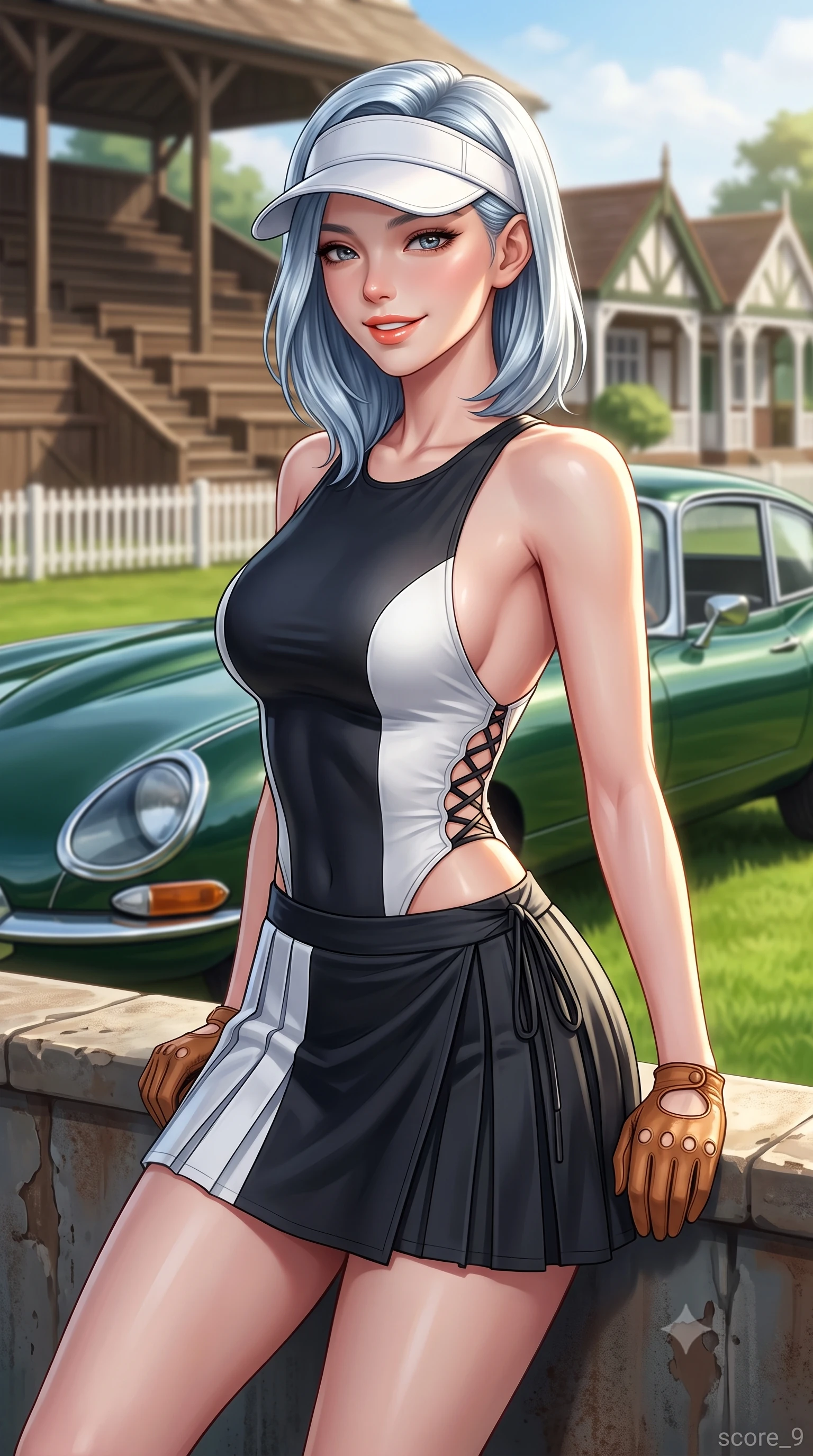 score_9, masterpiece, best quality, ultra-detailed, high-budget anime keyframe, semi-realistic 3D game render, editorial fashion photography, tasteful artistic composition, Korean woman. close-up cowboy shot from the waist and thighs up, the character dominates the composition, filling the frame with her large presence. leaning back against the pit wall with relaxed seductive grace, her flat midriff and narrow waist highlighted as sunlight traces her curves while leaning against the bonnet of a vintage British Racing Green Jaguar E-Type parked beside the clubhouse with hips cocked back, casting an alluring smile. The background shows a soft-focus classic wooden court seating and members' club pavilions softened in historic British country club shallow focus. She has an exceptionally elegant, slender, and willowy female figure with an ultra-slim waist, flat toned midriff, narrow ribcage, and sculpted feminine hips creating an alluring, slim hourglass silhouette without bulk. sharp v-shaped jawline, high-bridge nose, sparkling eyes with athletic focus and depth, thick curled eyelashes, glossy parted lips with a natural coral-peach sheen, bright confident and coquettish smile with alluring bedroom-eyes, exuding both youthful sporty vigor and sovereign high-society glamour, flawlessly proportioned anatomical accuracy, strict slender model proportions, natural body alignment, perfectly sculpted long slender limbs, ultra-slim waistline, clean dynamic posture without body distortion. wearing a backless lace-up racing leotard with side hip cutouts and a pleated wrap skirt framing her hourglass curves in dual-tone high-contrast racing monochrome, made of smooth liquid-tight stretch jersey emphasizing every curve of her body, accented with a sporty retro tennis visor and fingerless leather driving gloves, the high-waisted wrap tailoring accentuating her ultra-slim waistline and the enchanting curve of her feminine hips with alluring sporty charm. illuminated by emerald grass bounce fill and crisp white-gold rim lighting defining her sculpted collarbones, ultra-slim waist, and curvy hips. highly saturated vibrant anime colors, detailed shading with soft gradients, rich glossy textures, high-contrast stereoscopic depth, volumetric dynamic lighting, master piece, 9:16 ratio