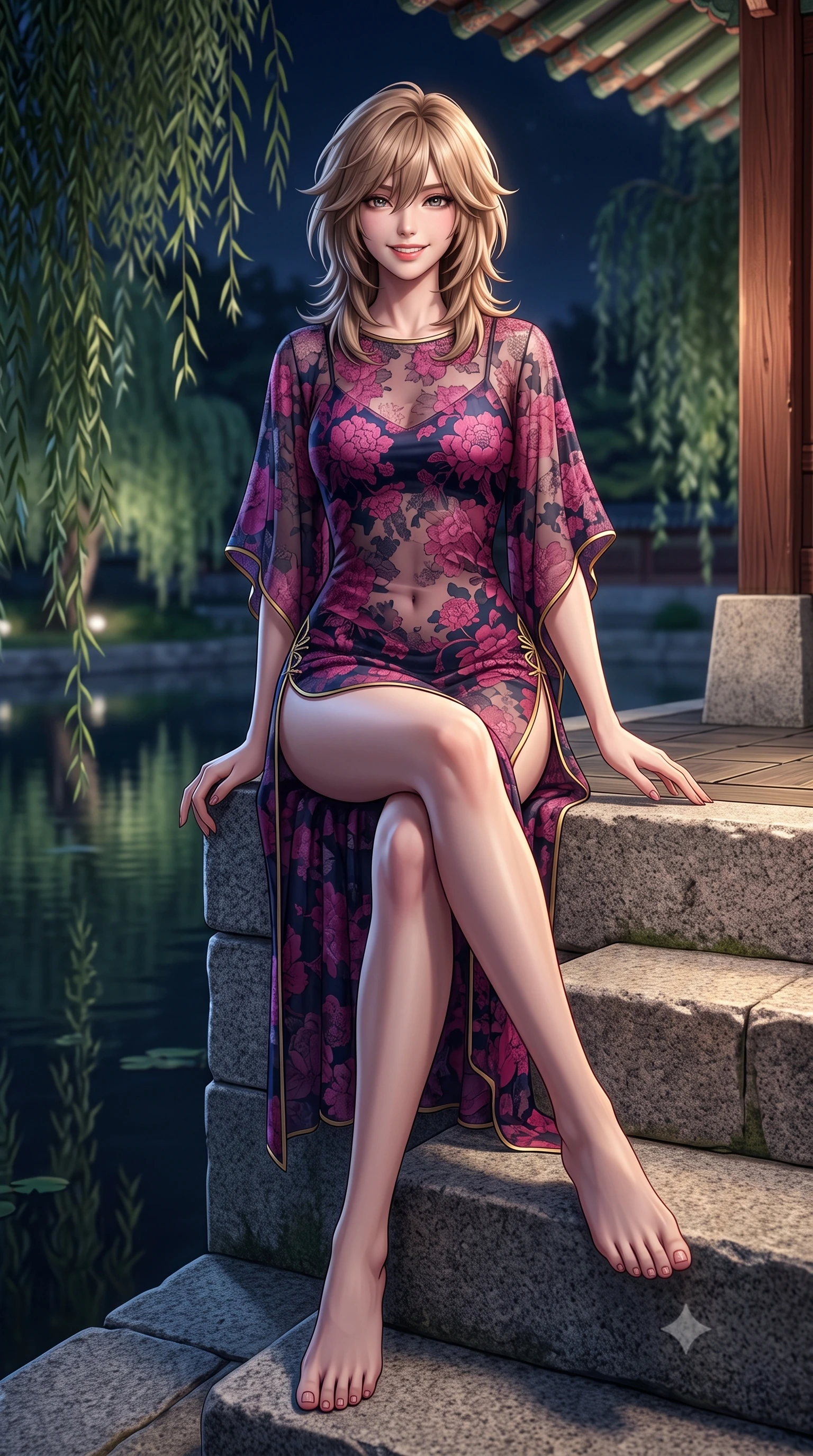 score_9, masterpiece, best quality, ultra-detailed, high-budget anime keyframe, semi-realistic 3D game render, editorial fashion photography, tasteful artistic composition, Japanese woman. low angle full-body shot from head to toe showing her feet, filling the entire 9:16 vertical frame with her statuesque presence, stretching her vertical silhouette. sitting perched on the elevated pavilion terrace edge with legs crossed and hips angled toward the camera, displaying her toned midriff and long slender limbs with joyful, coquettish charm while sitting poised on the stone steps of the island pavilion with legs crossed, her modern fusion hanbok trailing gracefully across ancient granite. The background shows a soft-focus weeping willow branches trailing into the mirror-like water softened in royal Korean nocturnal shallow focus. She has an absolutely perfect, statuesque 8.5-heads proportion, an exceptionally tall and slender model-like female figure with impossibly long slender legs, an ultra-slim waist, a flat toned midriff, narrow delicate ribcage, and beautifully sculpted feminine hips creating a graceful, slim hourglass silhouette without any bulky heaviness. sharp v-shaped jawline, high-bridge nose, intricate jewel-like dark sparkling almond eyes with depth, thick lashes, glossy parted lips with a natural rose-plum sheen, bright alluring and coquettish smile with bedroom-eyes, exuding both timeless oriental elegance and sovereign high-fashion allure, flawlessly proportioned anatomical accuracy, strict slender model proportions, natural body alignment, perfectly sculpted long slender limbs, ultra-slim waistline, clean dynamic posture without body distortion. wearing a delicate semi-sheer floral chiffon kaftan slip dress layered over a matching silk slip, accentuating her slender waist and hips in deep lotus magenta and matte midnight navy, woven from delicate semi-opaque floral lace with oriental peony patterns, finished with sharp laser-cut side hip slits framed by gold piping, the form-contouring cut accentuating her sculpted flat midriff, narrow delicate ribcage, and gracefully curvy hips with regal oriental supermodel elegance. bathed in soft architectural spotlights illuminating the historic royal pavilion and dark waters. highly saturated vibrant anime colors, detailed shading with soft gradients, rich glossy textures, high-contrast stereoscopic depth, volumetric dynamic lighting, master piece, 9:16 ratio