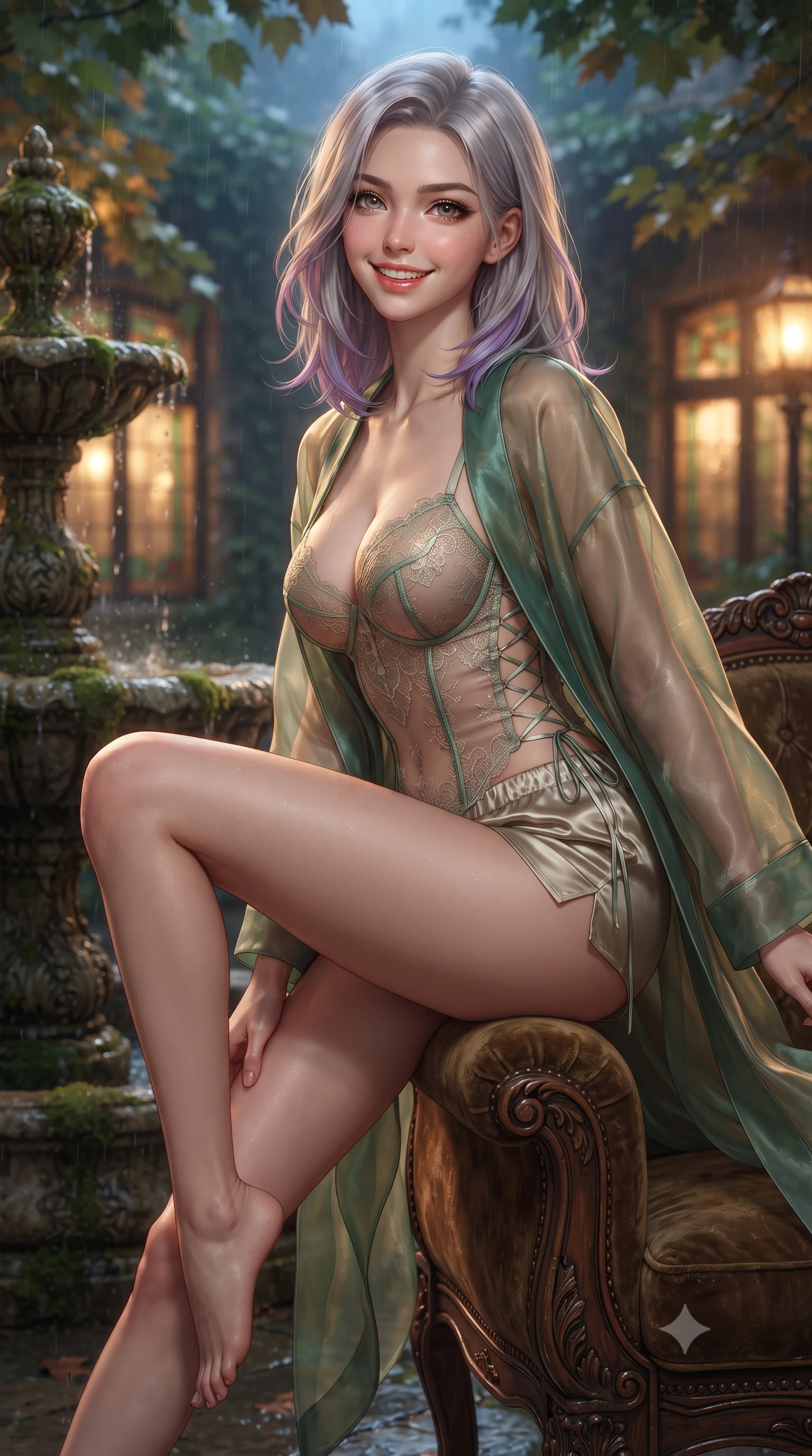 score_9, masterpiece, best quality, ultra-detailed, high-budget anime keyframe, editorial fashion photography, tasteful artistic composition, Caucasian woman. close-up cowboy shot from the waist and thighs up, the character dominates the composition, filling the frame with her large presence. perched sideways on the lounge seat, one knee drawn up to showcase her slender leg line while her arched back accentuates her feminine hip curve while twisting her slender torso in an alluring S-curve beside the mossy stone fountain, warm lantern light and evening mist tracing her flat midriff. The background shows a soft-focus rain-washed sycamore leaves, warm amber light glowing through vintage leaded stained-glass transoms, and secluded villa gates blurred into emerald, amber, and mahogany bokeh. She has an exceptionally elegant, slender, and willowy female figure with an ultra-slim waist, flat toned midriff, narrow ribcage, and sculpted feminine hips creating an alluring, slim hourglass silhouette without bulk. sharp v-shaped jawline, high-bridge nose, intricate jewel-like sparkling eyes with depth, thick eyelashes, glossy parted lips with a natural peach sheen, bright cheerful beaming smile with an enchanting and coquettish sensual glint, exuding both youthful cute charm and seductive allure, flawlessly proportioned anatomical accuracy, strict slender model proportions, natural body alignment, perfectly sculpted long slender limbs, ultra-slim waistline, clean dynamic posture without body distortion. wearing a delicate translucent silk organza wrap robe worn loose over a sheer lace demi-bustier and satin tap pants in French Concession jade green and gilded bronze, woven from buttery-soft stretch lambskin leather adhering to her body like a second skin, featuring fine criss-cross lace-up side ties revealing tantalizing glimpses of her hip curve, the second-skin tailored fabric adhering flawlessly to her sculpted flat midriff and slender torso, emphasizing her long leg lines and perfectly proportioned willowy build. bathed in the romantic amber 2200K gas lantern glow contrasted with cool midnight mist and blue sky fill. ultra-reflective glossy finish, specular highlights, rich textural contrasts, high-contrast stereoscopic depth, volumetric dynamic lighting, 2k, ultra detail, master piece, 9:16 ratio