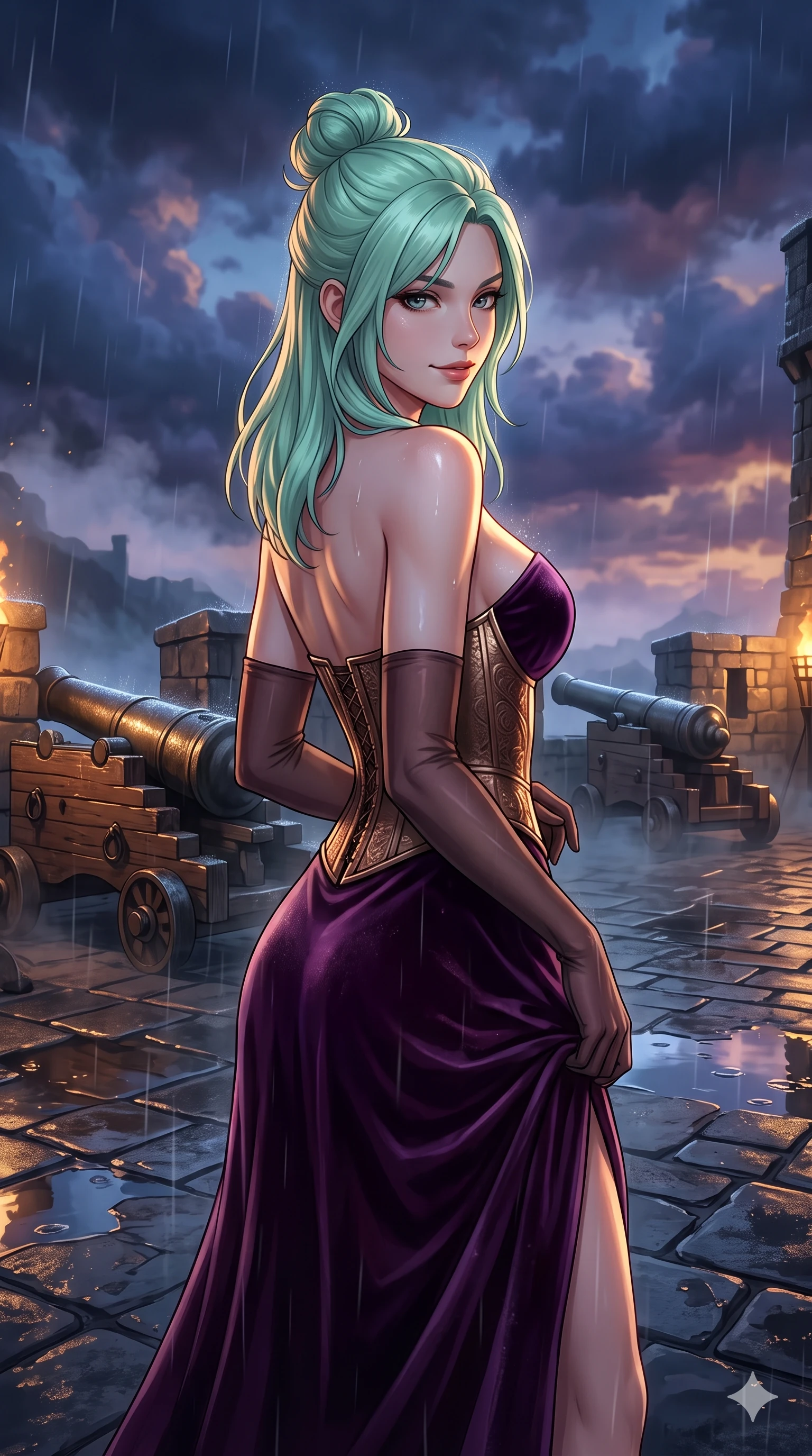 score_9, masterpiece, best quality, ultra-detailed, high-budget anime keyframe, semi-realistic 3D game render, editorial fashion photography, tasteful artistic composition, Japanese woman. close-up cowboy shot from the waist and thighs up, the character dominates the composition, filling the frame with her large presence. turning over a bare shoulder with an intoxicating, teasing smile, her soft hair framing her sharp jawline as her hips angle gracefully in a captivating contrapposto while stepping slowly along the rain-washed stone rampart with hypnotic grace, hips swaying in an alluring rhythm that accentuates her curvy hourglass silhouette. The surrounding environment is rendered in vivid detail and crisp panoramic clarity: sharp wet basalt flagstone puddle reflections, ancient bronze cannon patina, and crisp masonry bevels in deep focus. She has an exceptionally elegant, slender, and willowy female figure with an ultra-slim waist, flat toned midriff, narrow ribcage, and sculpted feminine hips creating an alluring, slim hourglass silhouette without bulk. sharp v-shaped jawline, high-bridge nose, intricate jewel-like eyes with depth, thick eyelashes, glossy parted lips with a natural sheen, intensely captivating and seductive bedroom-eyes expression, flawlessly proportioned anatomical accuracy, strict slender model proportions, natural body alignment, perfectly sculpted long slender limbs, ultra-slim waistline, clean dynamic posture without body distortion. wearing a strapless velvet column gown with deep side slit, metallic leather corset bodice, and sheer opera gloves in deep plum violet and antique bronze, tailored from liquid silk jersey adhering flawlessly to her slender build, complemented by a bold geometric choker and sparkling cocktail ring, the high-slit wrap tailoring accentuating her ultra-slim waistline and the enchanting curve of her feminine hips with alluring seductive charm. puddle reflection bounce and volumetric dynamic lighting highlighting her long slender legs and willowy proportions. highly saturated vibrant anime colors, detailed shading with soft gradients, rich glossy textures, high-contrast stereoscopic depth, volumetric dynamic lighting, master piece, 9:16 ratio