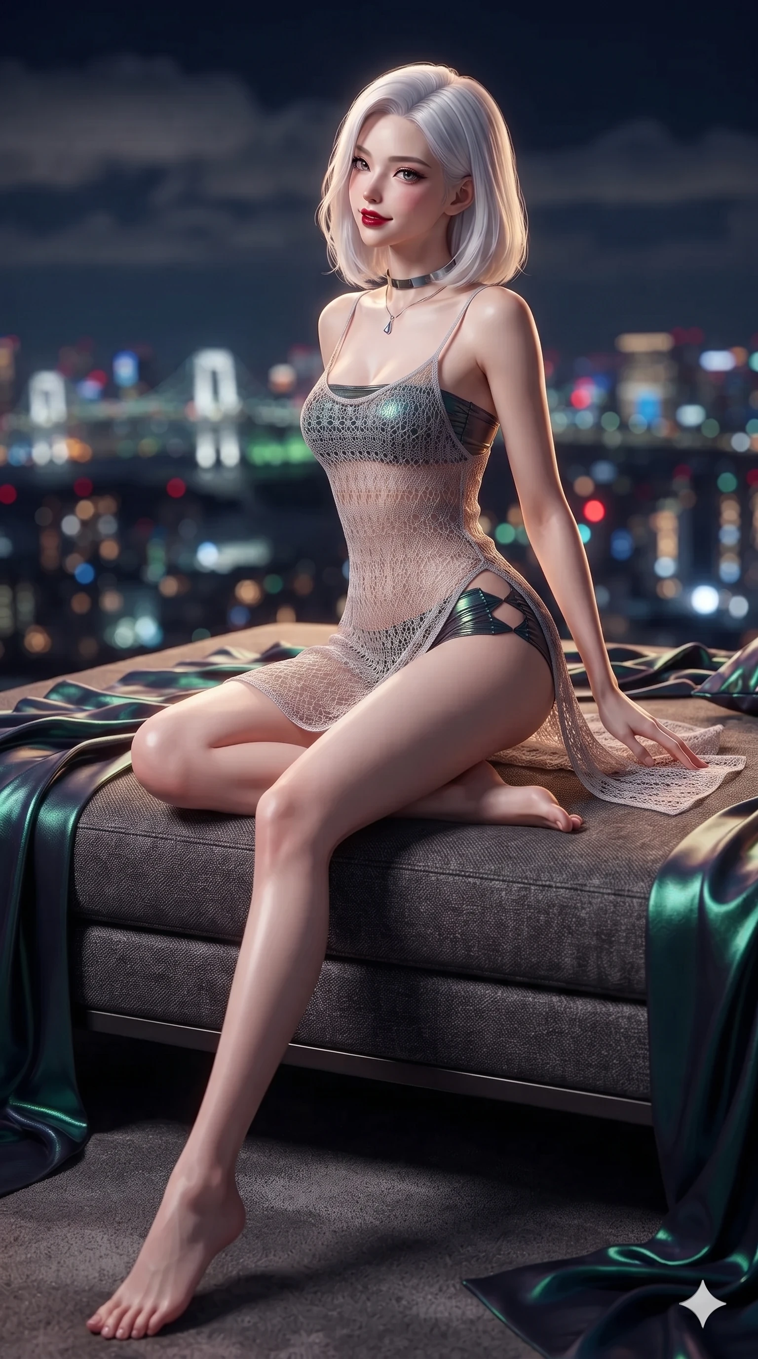 score_9, masterpiece, best quality, ultra-detailed, high-budget anime keyframe, editorial fashion photography, tasteful artistic composition, Korean woman. low angle full-body shot from head to toe showing her feet, filling the entire 9:16 vertical frame with her statuesque presence, stretching her vertical silhouette. executing a slow, elegant turn as her liquid gown flutters around her slender legs, glancing over her shoulder with an intoxicating, seductive bedroom-gaze while sitting poised on the daybed edge with legs extended, flashing an intoxicating siren smile with glossy wine-red lips. The background shows a soft-focus infinite carpet of Tokyo city lights, distant harbor bridges, and low midnight clouds blurred into topaz, ruby, and sapphire bokeh. She has an exceptionally tall and slender model-like 8.5-heads proportion, an ultra-slim waist, a flat toned midriff, narrow delicate ribcage, and beautifully sculpted feminine hips creating a graceful, slim hourglass silhouette without any bulky heaviness, with impossibly long slender legs. sharp v-shaped jawline, high-bridge nose, intricate jewel-like dark sparkling eyes with dangerous depth, thick curled eyelashes, glossy parted lips with a rich wine sheen, smoldering seductive half-smile with bedroom-eyes, exuding effortless superiority and intoxicating dark allure, flawlessly proportioned anatomical accuracy, strict slender model proportions, natural body alignment, perfectly sculpted long slender limbs, ultra-slim waistline, clean dynamic posture without body distortion. wearing a delicate semi-sheer openwork crochet knit slip worn over a metallic micro-bandeau and ruched briefs in iridescent petroleum beetle-sheen and deep graphite, adorned with laser-cut diamond side panels revealing teasing glimpses of bare skin, finished with a minimalist chrome choker and a single teardrop pendant, the liquid-tight tailored fabric clinging flawlessly to her narrow waist and rounded feminine hips, emphasizing every millimeter of her sculpted slim hourglass curves without any bulky heaviness. illuminated by city light haze bounce and sharp golden-amber rim lights defining her razor-sharp jawline, narrow waist, and curvy hips. ultra-reflective glossy finish, specular highlights, rich textural contrasts, high-contrast stereoscopic depth, volumetric dynamic lighting, 2k, ultra detail, master piece, 9:16 ratio